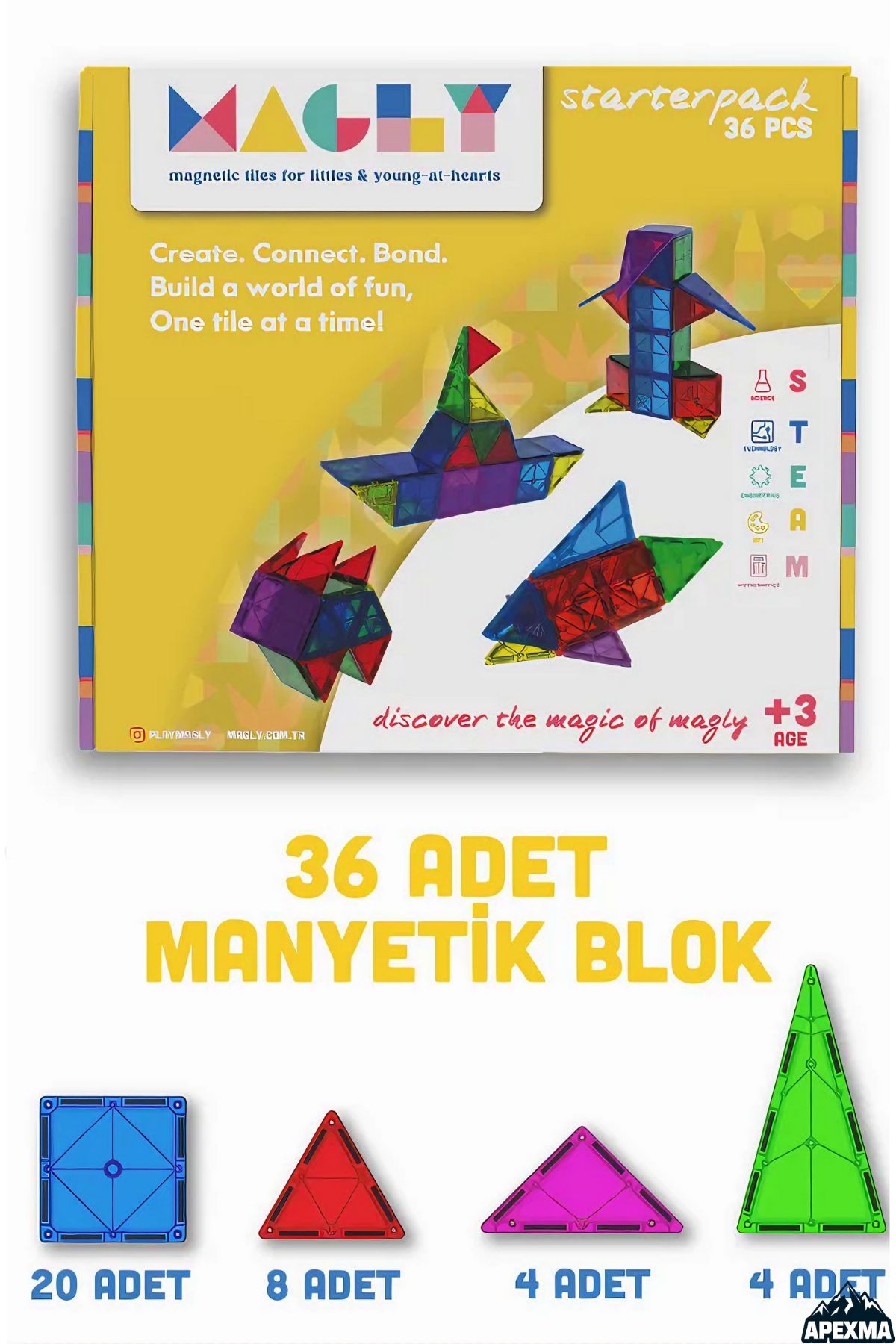 Apexma Manyetik Yapı Blokları – Çocuklar Için Renkli 3 Boyutlu 36 Parça Manyetik Mıknatıslı Karo Oyun Seti