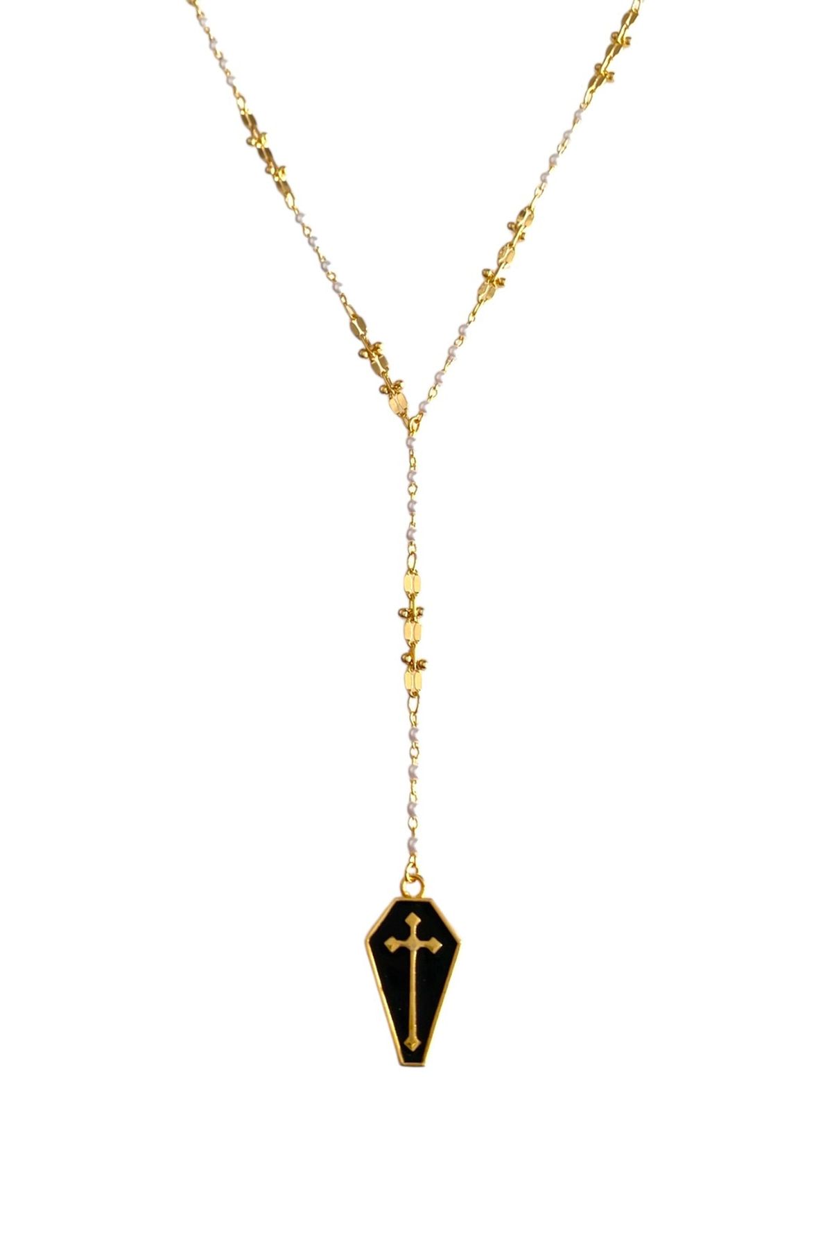 Bonnjerra Jewellery Özel Tasarım Altın Kaplama Minimal İnci Detaylı Siyah Mineli Haç Kolye, Siyah Haç Kolye