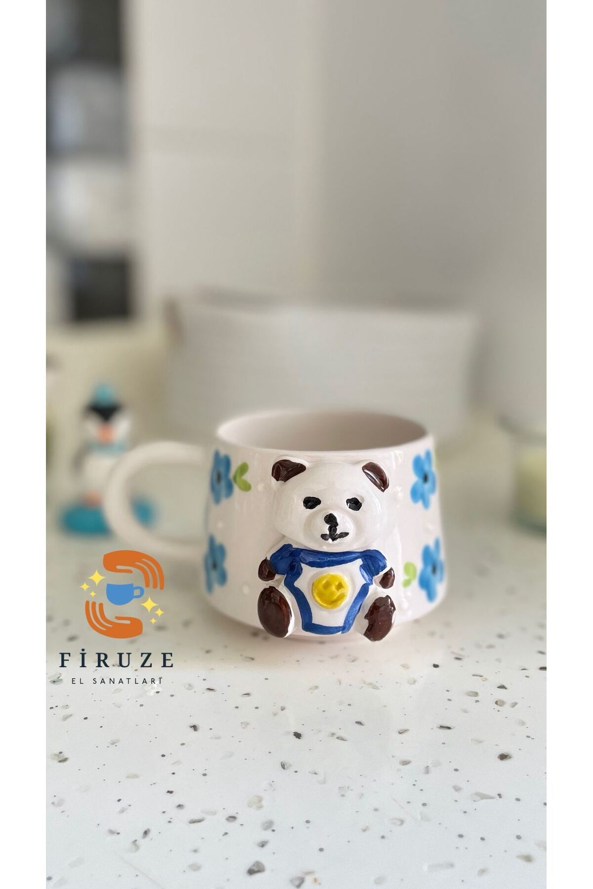 Firuze el sanatları 3D Ayıcık Desenli El Dekoru Seramik Kupa
