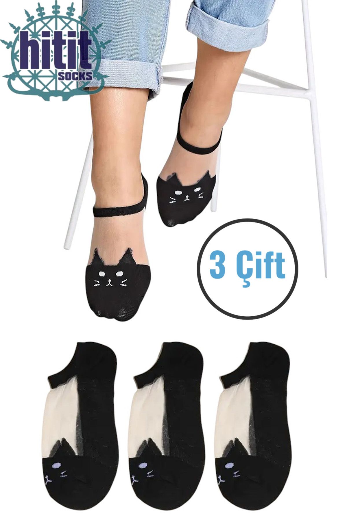 Hitit Socks Kadın 3 Çift Premium Kalite Kedi Desenli Tül Şeffaf Çorap Siyah
