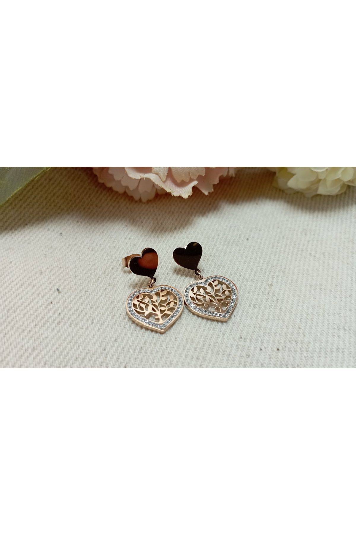 Ladin Atelier Rose Gold Çelik Kalpli Küpe