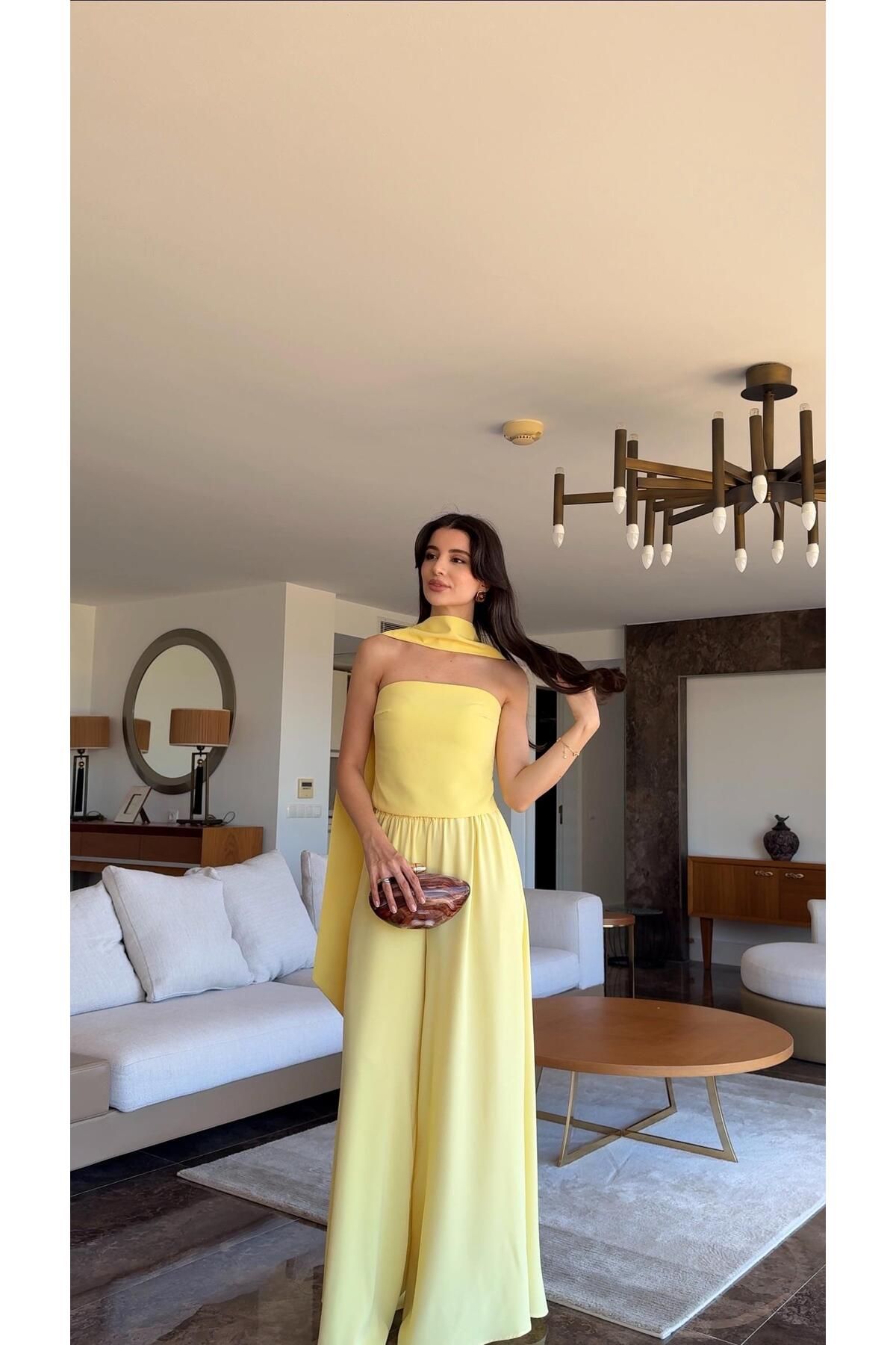 HAZELANNA Şal Detaylı Straplez Sarı Takım