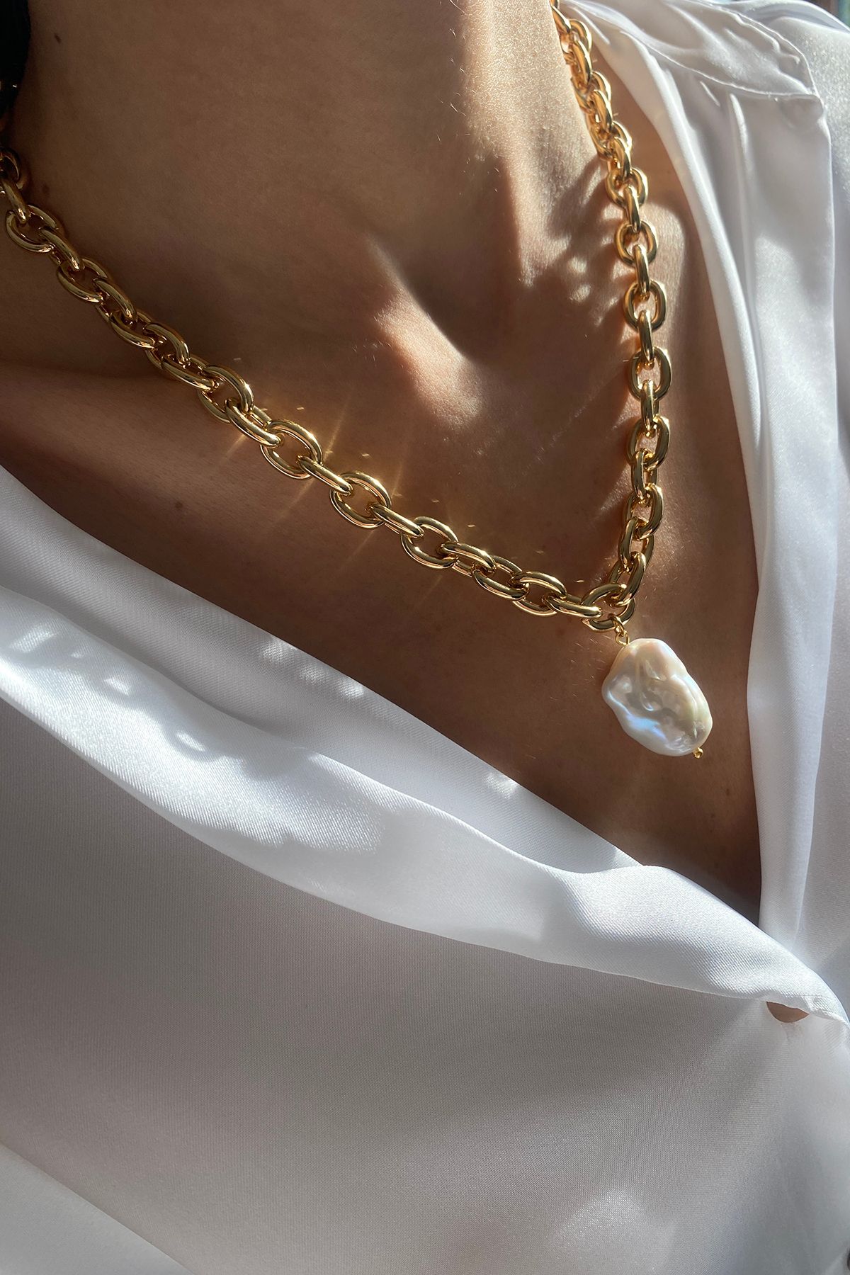 Bonnjerra Jewellery Altın Kaplama Kalın Oval Belcher Chain Barok İncili Zincir Kolye