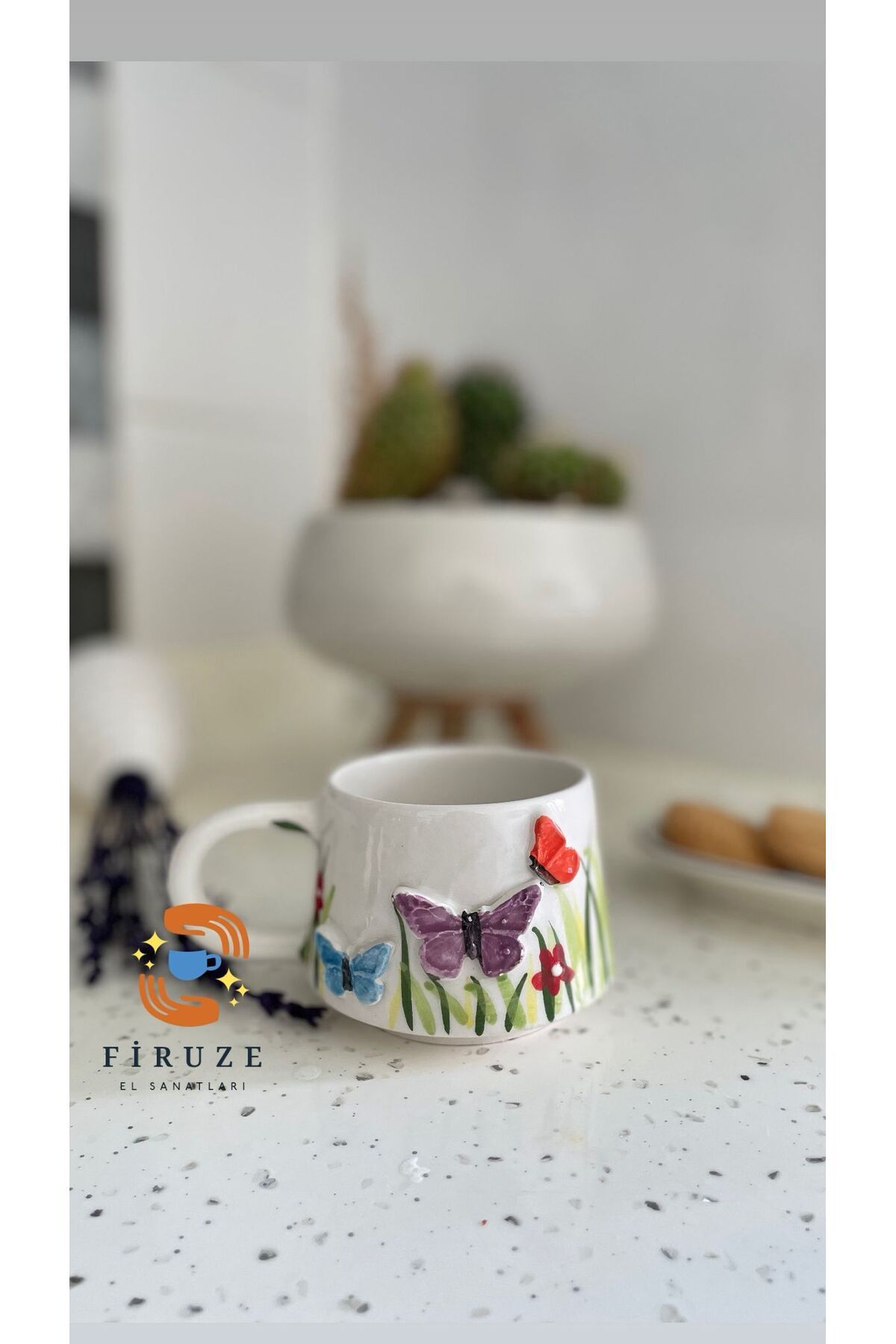 Firuze el sanatları 3D Kelebek Desenli El Dekoru Seramik Kupa