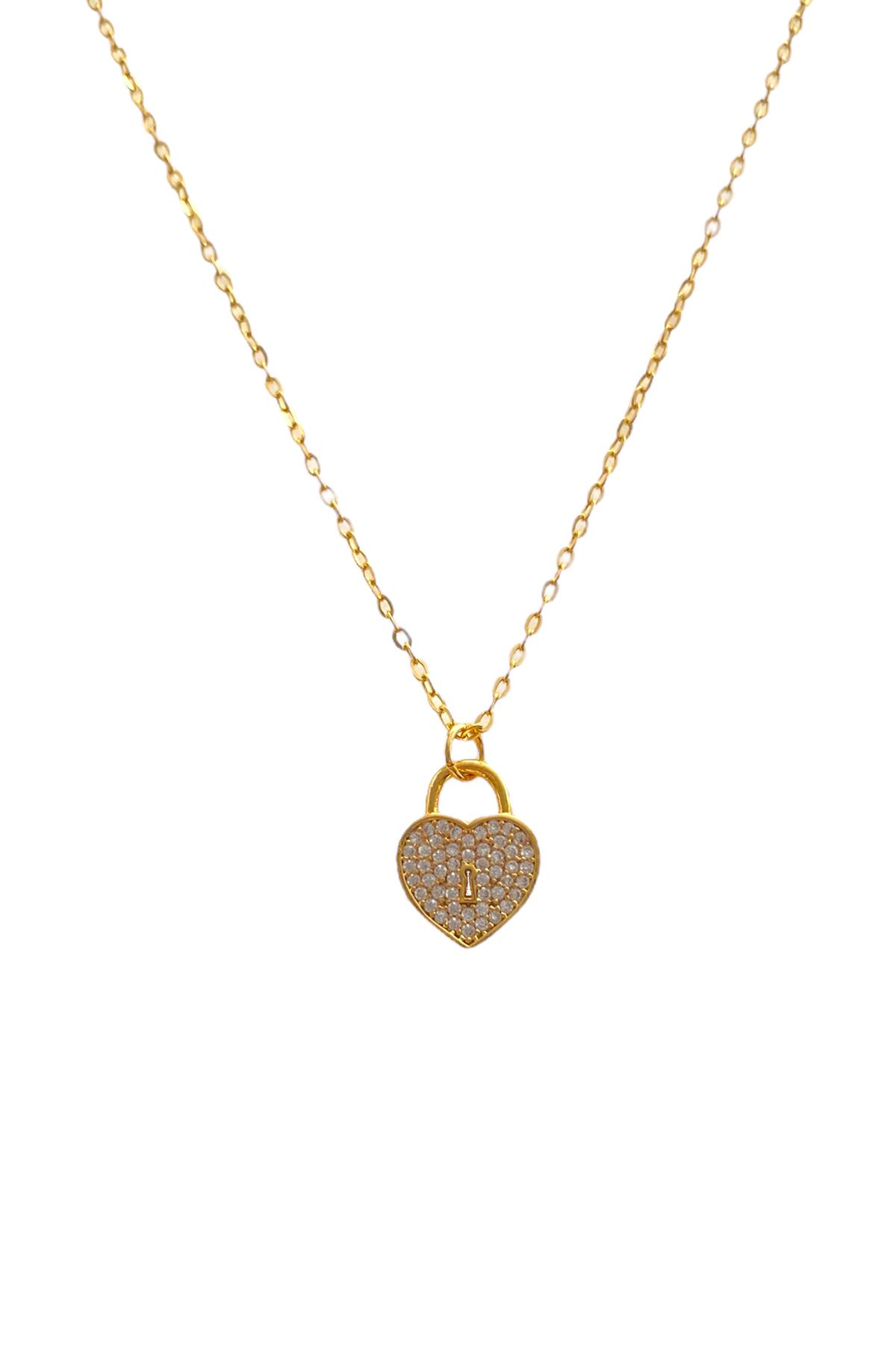 Bonnjerra Jewellery Altın Kaplama Zirkon Taşlı Kalp Kilit Kolye, Aşk Kolyesi, Sonsuz Aşk Kolyesi
