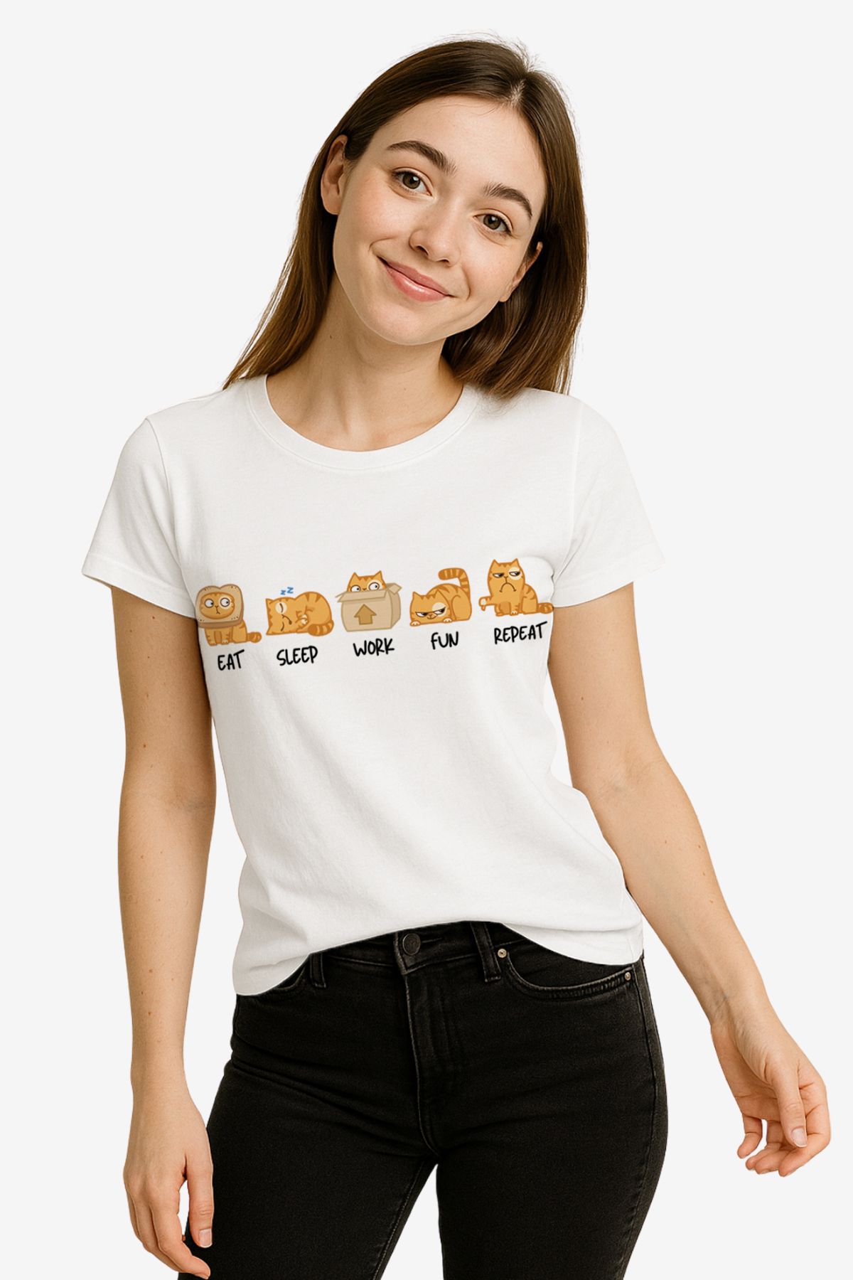 FANA Kadın Beyaz Tişört – Kedi Figürlü, Komik Eat Sleep Work Fun Repeat Baskılı Yazlık T-shirt