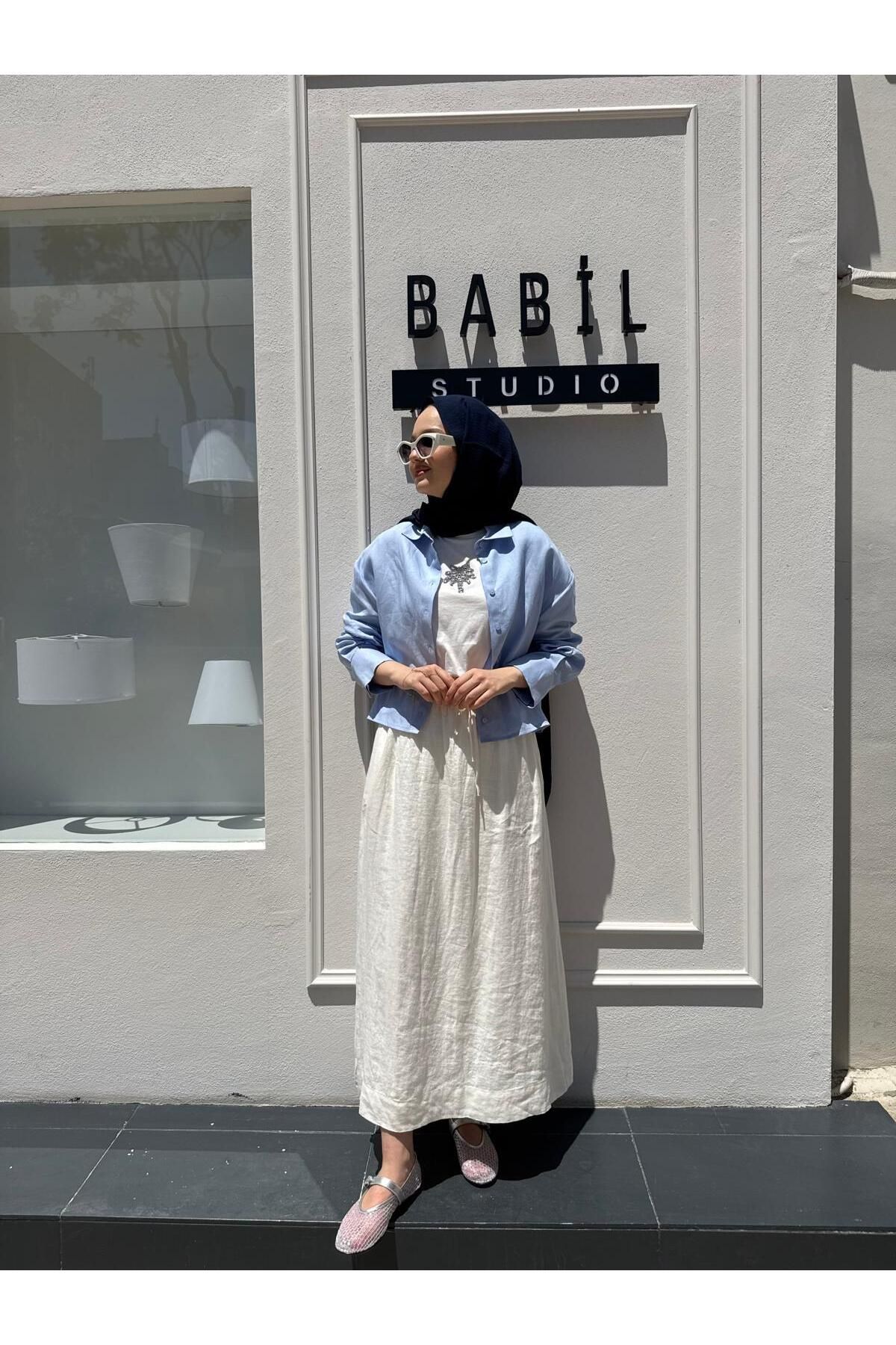 QOOQ STORE 25SS520 Beli Lastikli Keten Kadın Etek Beyaz