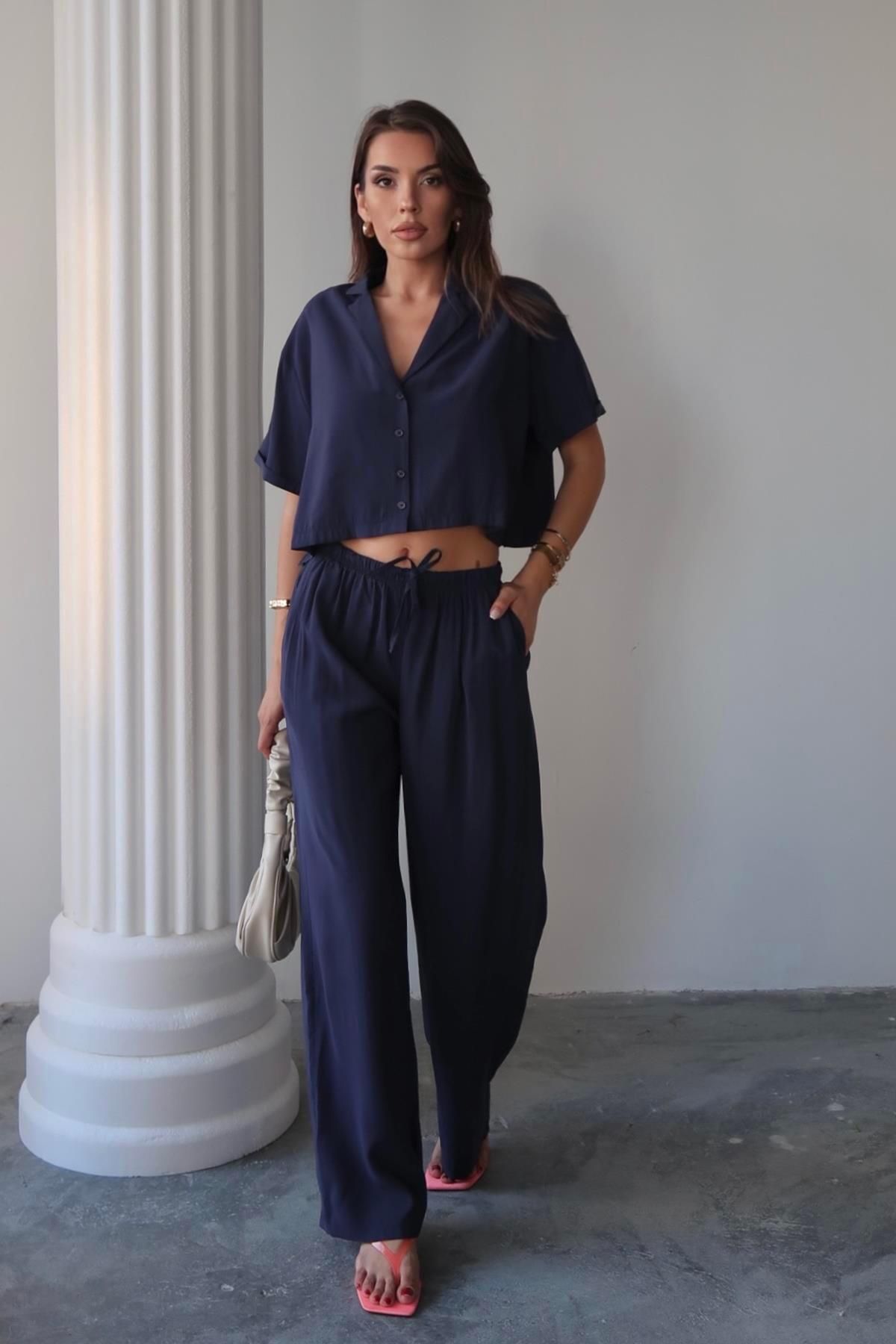 Moda cameo Mohinto Modal Kumaş Gömlek Pantolon Takım Lacivert