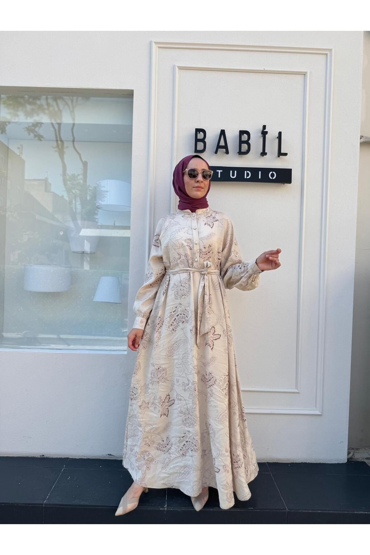 Almarwah Black 303849 Desenli Pamuk Kadın Elbise Bej
