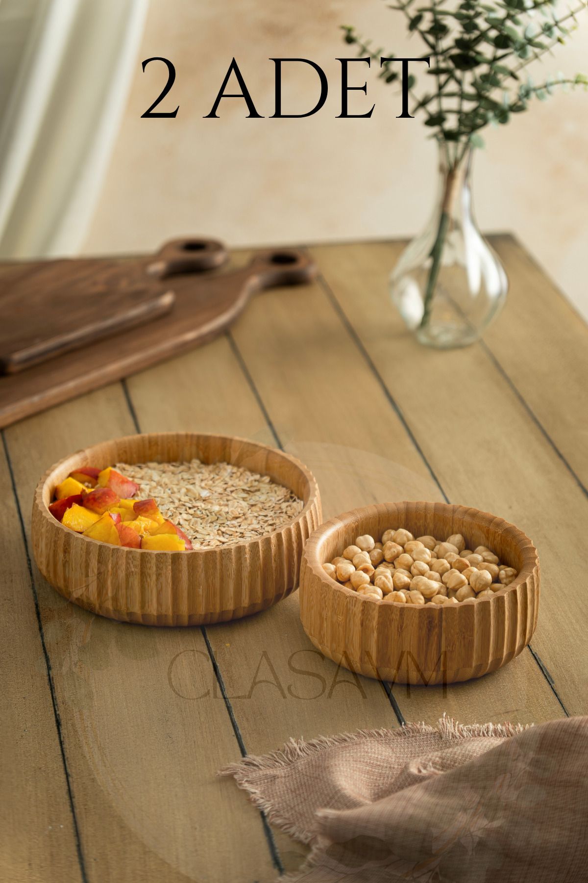 clasavm 2'Li Bambu Çizgili Kase Seti| Meze, Salata, Ekmek ve Meyve Sunumu| 2 Adet Bambu Kase