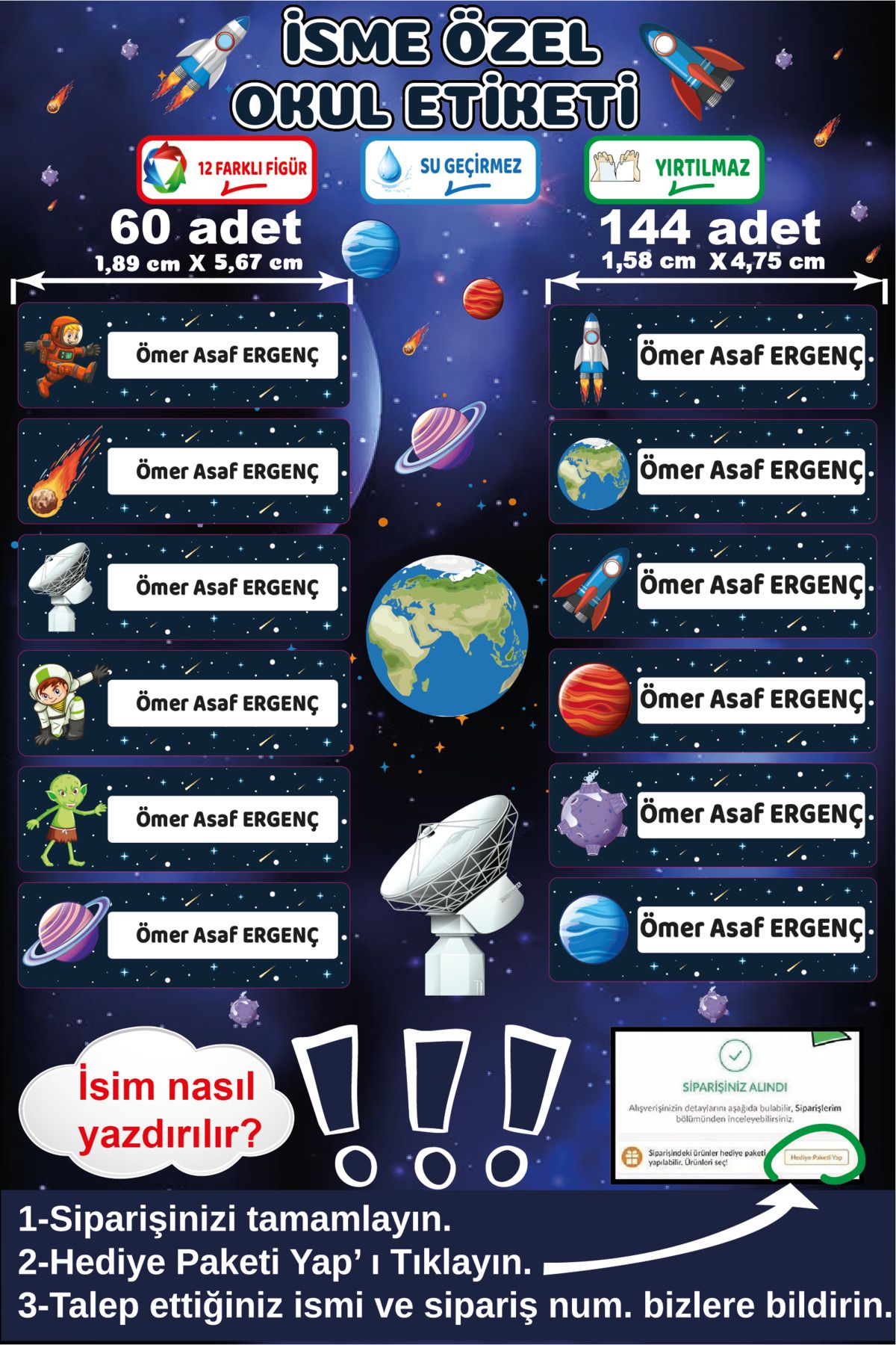 Ayza Tasarım İsme Özel Su Geçirmez Uzay Temalı Okul Etiketi Sticker Kişiye Özel Erkek Çocuk İsim Etiketi Kırtasiy
