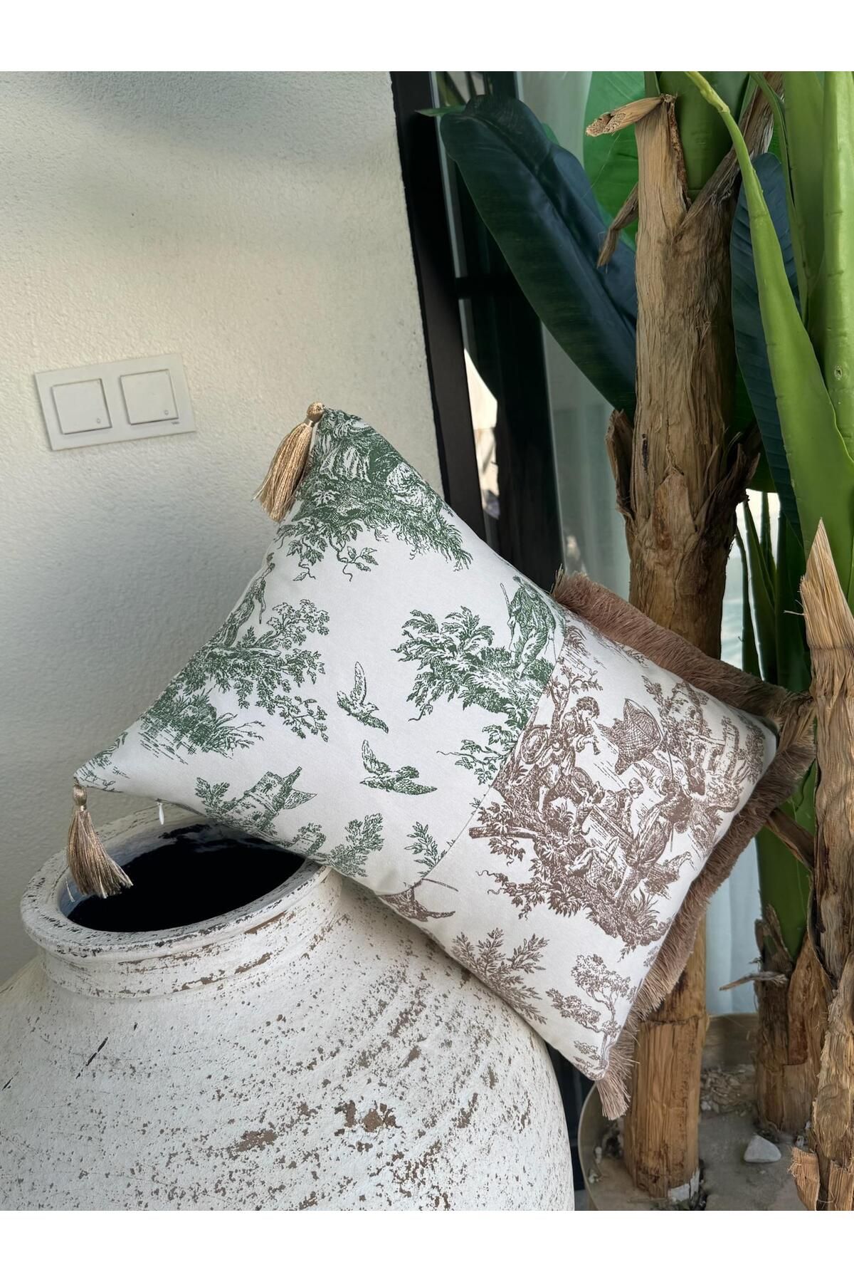 ref crea Toile De Jouy Kırlent Kılıfı Kahve - Yeşil