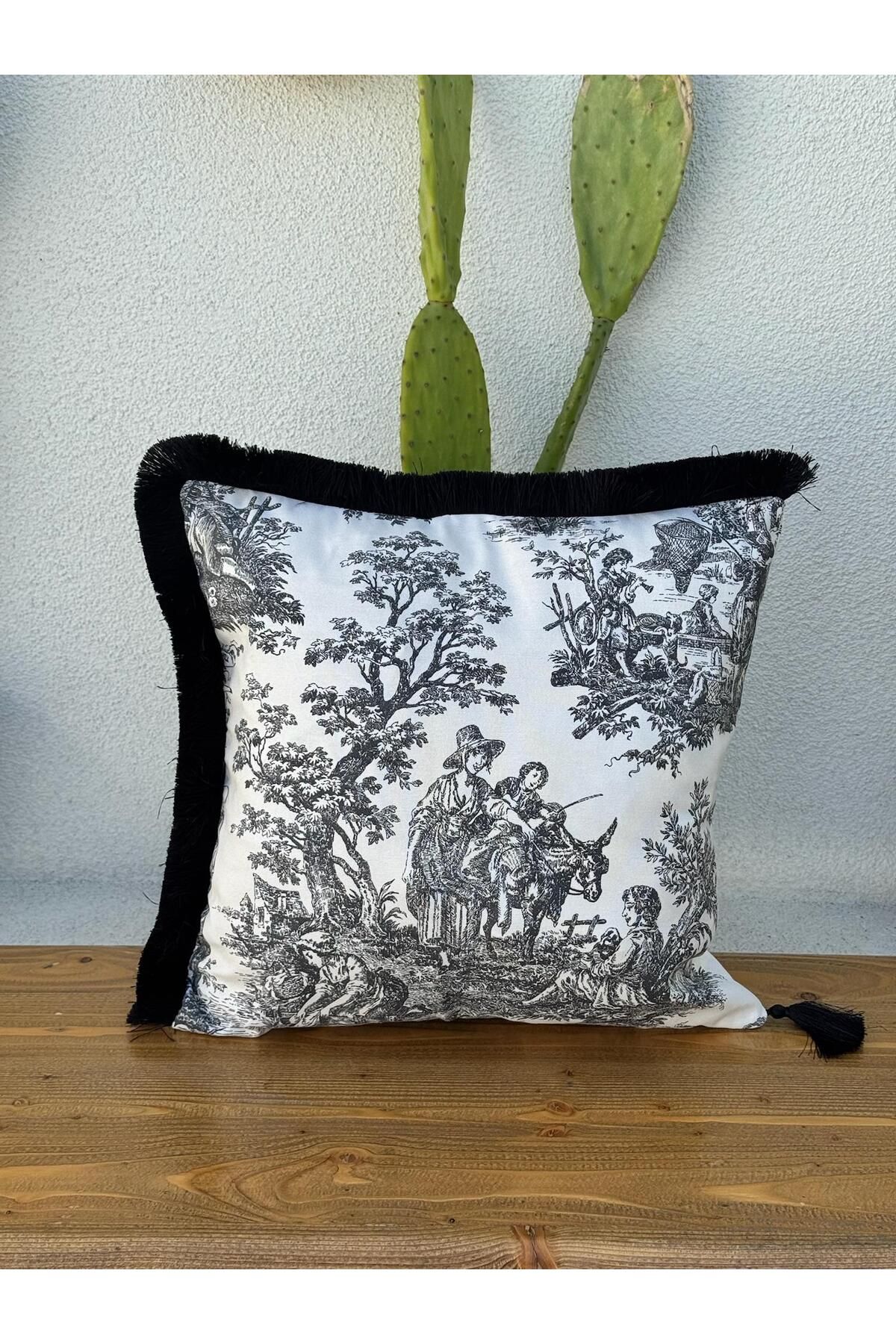 ref crea Toile De Jouy Kırlent Kılıfı Siyah
