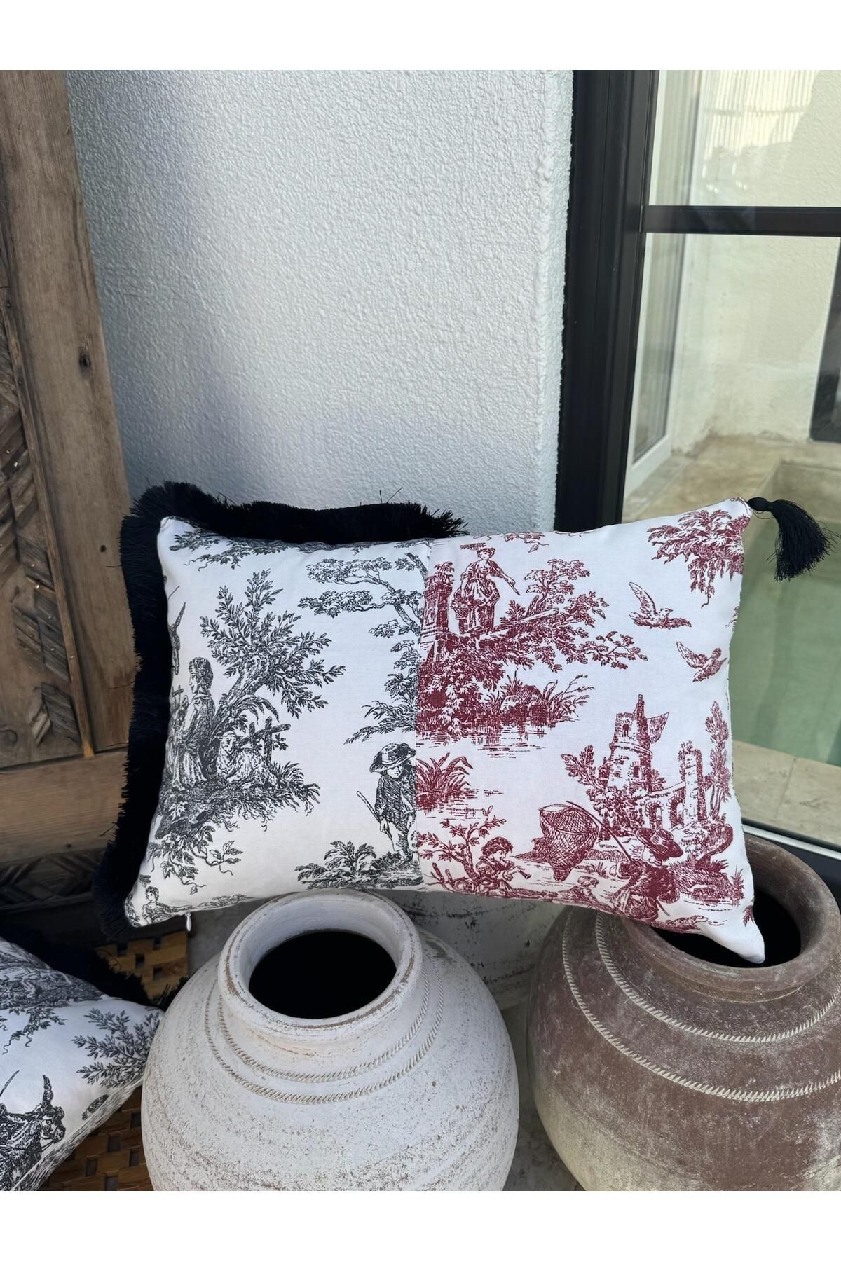 ref crea Toile De Jouy Kırlent Kılıfı Siyah - Kırmızı