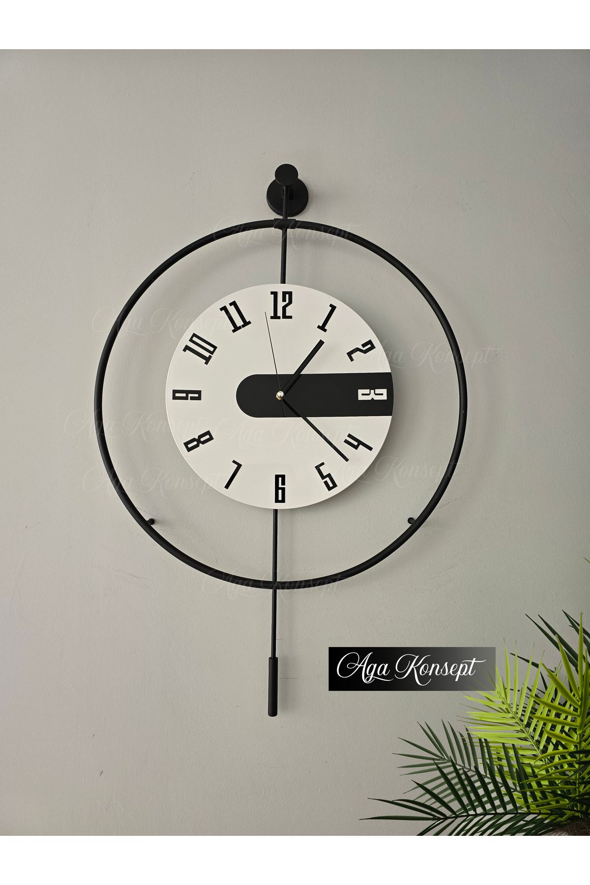 AGA KONSEPT SİYAH Latin 3 Kristal Tiktok (ORTA BOY 40 X 60 Cm), Modern Dekoratif Sarkaçlı Metal Duvar Saati