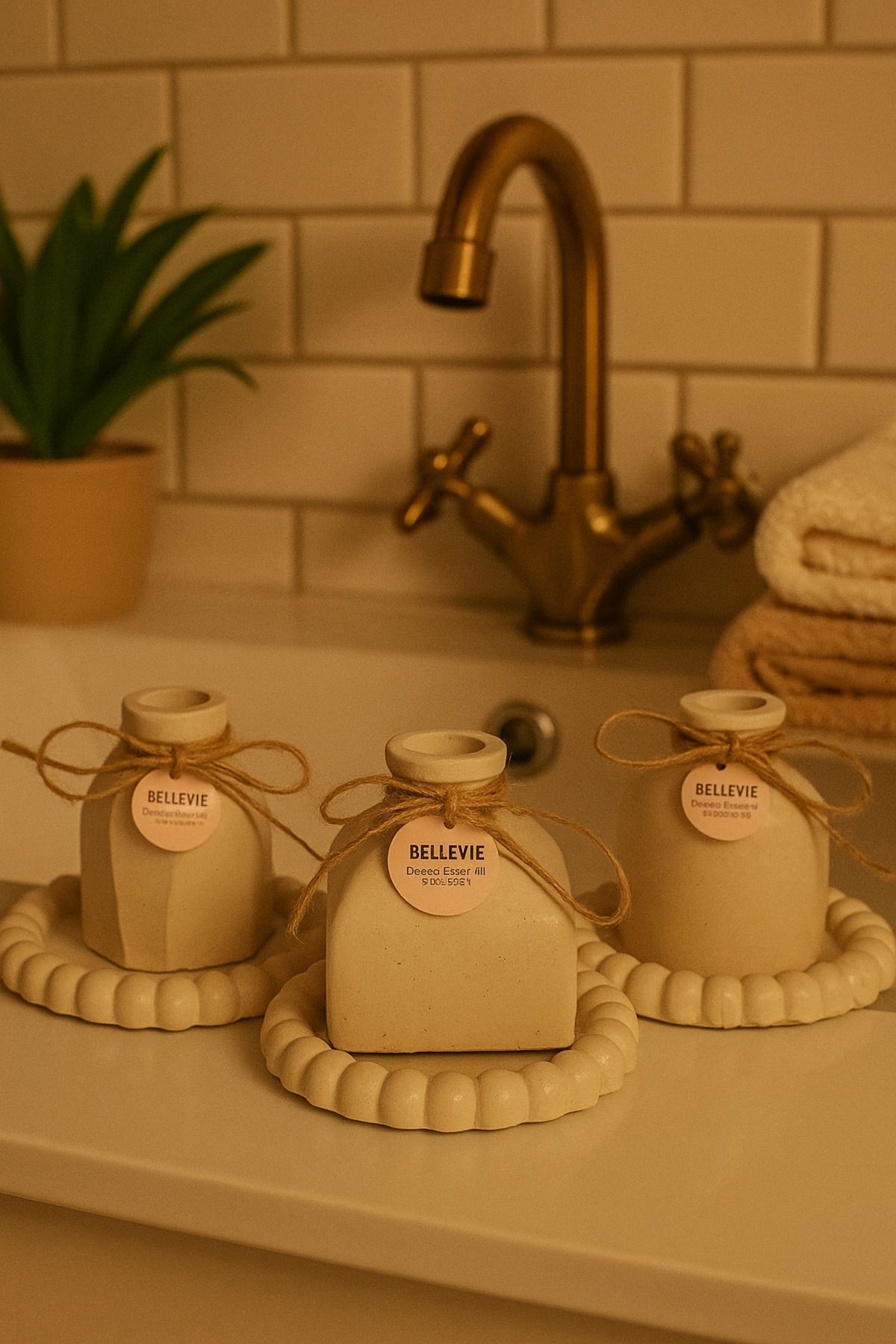 Handmade BELLEVIE 3’lü Doğal Taş Görünümlü El Yapımı Soya Mum Seti – Banyo Dekoru İçin Özel Tasarım
