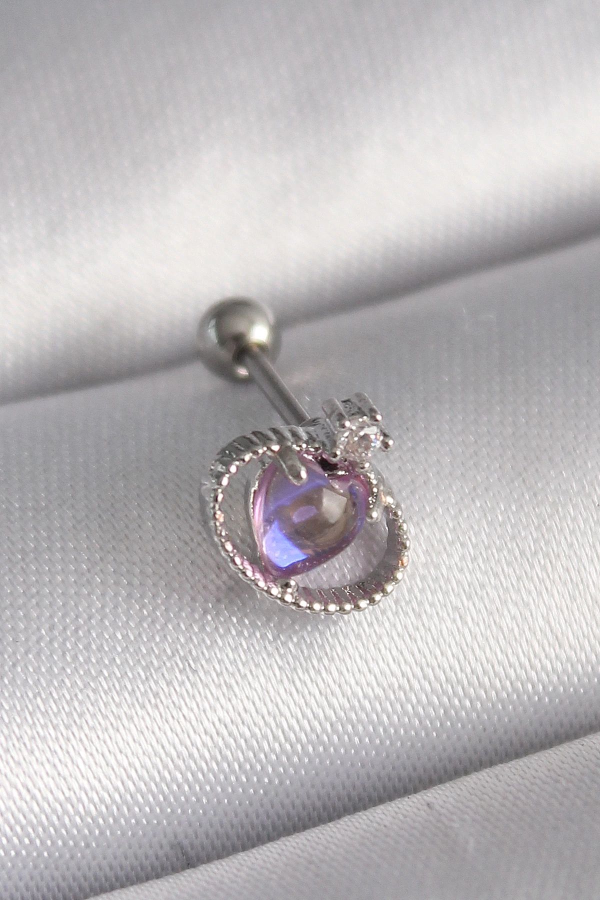 CANSA 316L Çelik Gümüş Renk Mor Mineli Kalp Zirkon Taş Detay Tragus Piercing