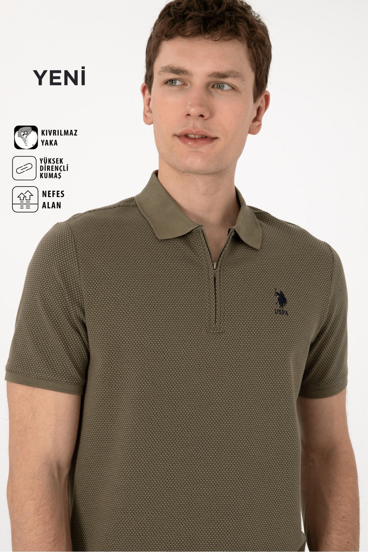U.S. Polo Assn. Erkek Regular Fit Fermuarlı Vizon Dokulu T-Shirt