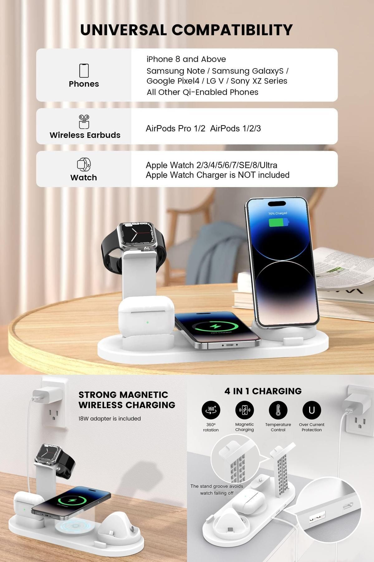 Midday 🔌 4'ü 1 Arada Kablosuz Şarj İstasyonu Telefon, Saat, Kulaklık İçin Manyetik Hızlı Şarj Standı Şarj