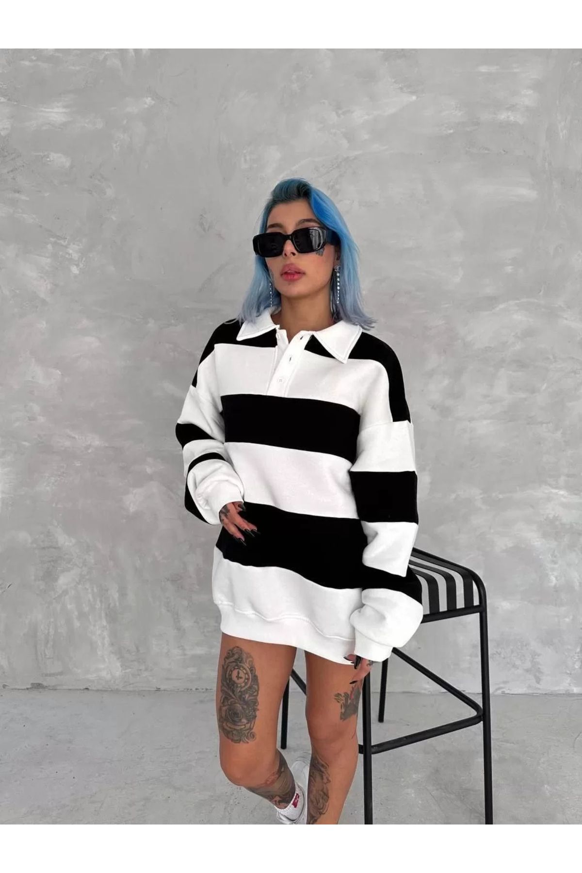 CanselButik Unisex Üç İplik Parçalı Yakalı SweatShirt - Siyah