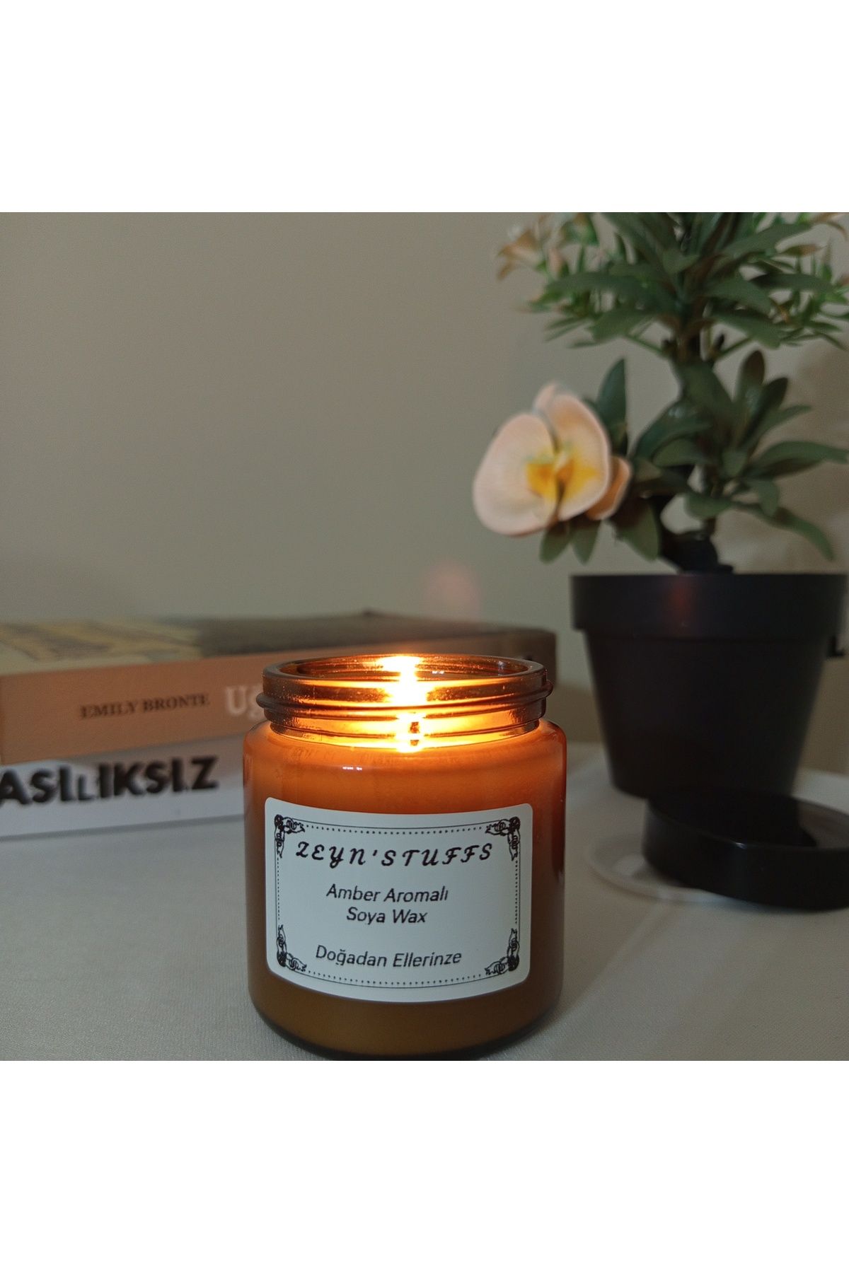 ZEYNSTUFFS HEDİYE EŞYA Vanilya, Gül, Amber Kokulu Amber Cam Kavanoz SOYA WAX doğal mum