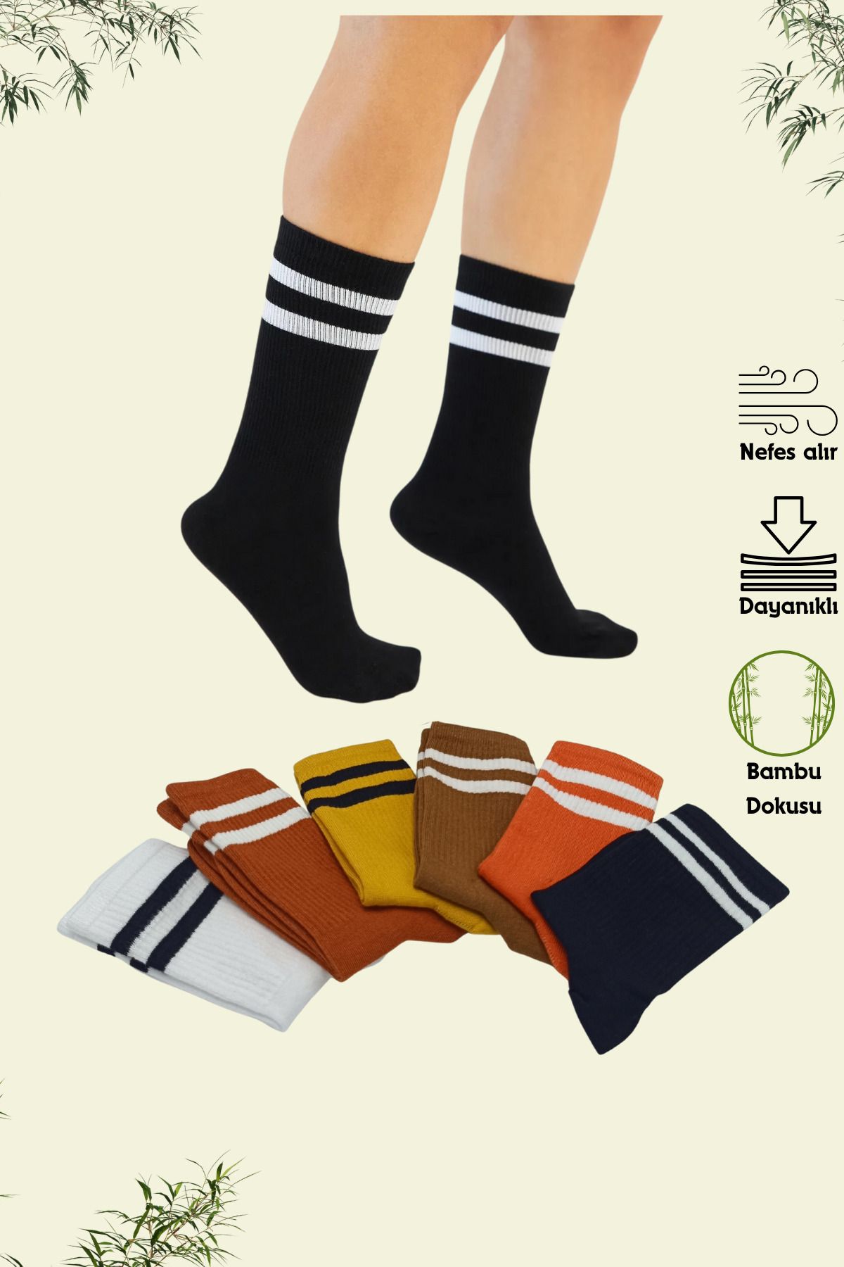 stellare Bambu Unisex Tenis Kolej Çizgili Renkli Premium Dikişsiz Çorap 6'lı Paket