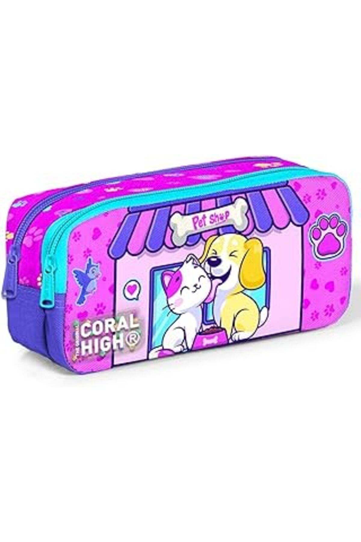 TBSProjects Coral High Kedi Köpek İki Bölmeli Kalem Çantası - Kız Çocuk