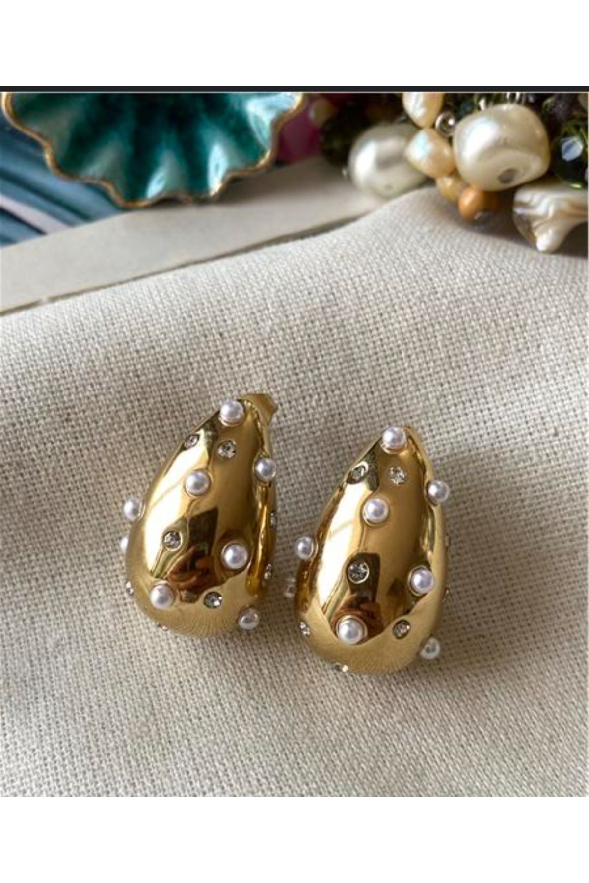 Jewerly Çelik gold incili taşlı küpe