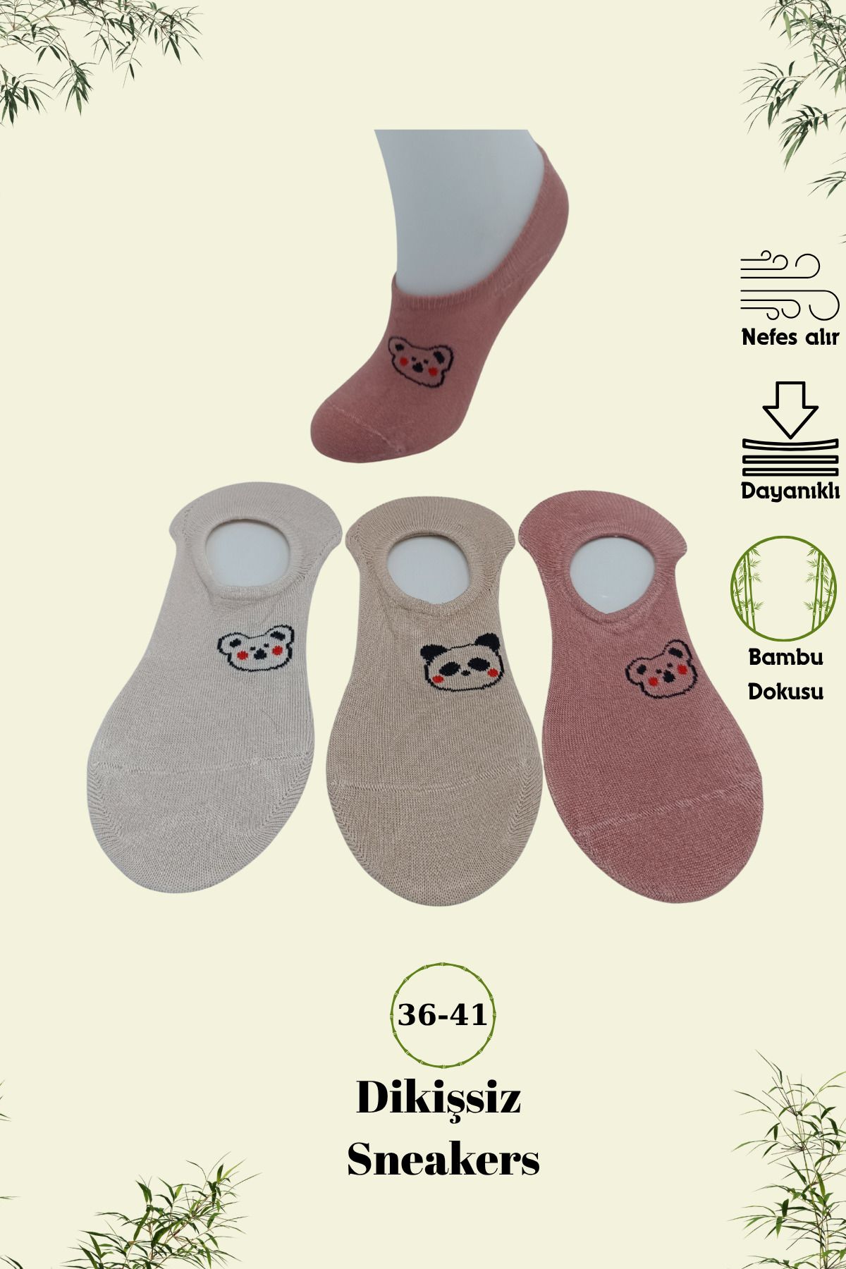 stellare Bambu Dikişsiz Sneakers Çorap 3 Çift Ayıcık Desenli