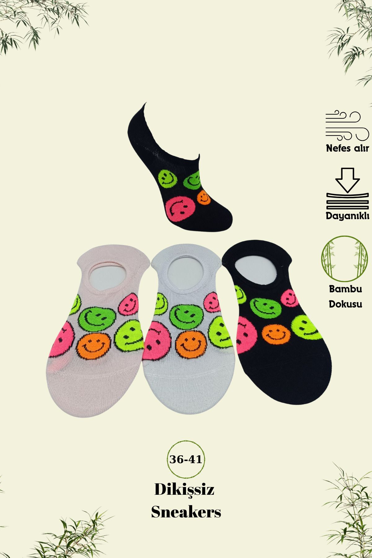 stellare Bambu Dikişsiz Sneakers Çorap 3 Çift Emoji Desenli
