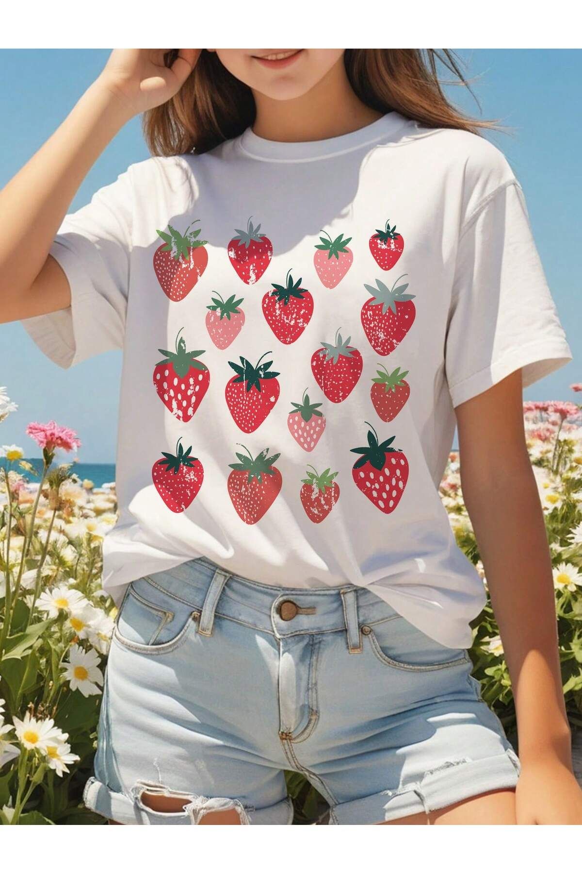 aynewmoda Günlük Çilek Desenli Yuvarlak Yaka Kısa Kollu Tişört