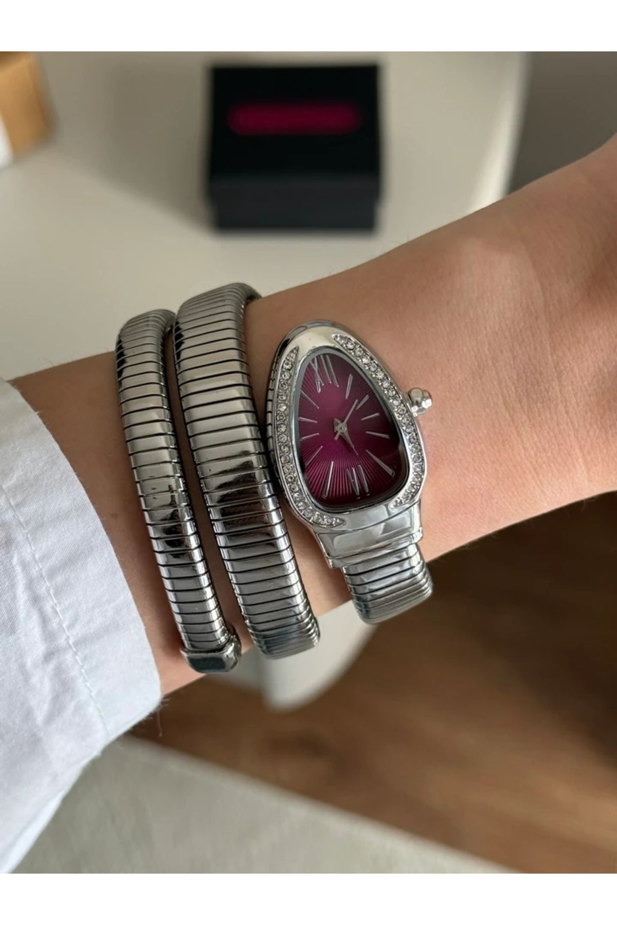 RoseandRoses Snake Sarmal Model Yeni Sezon Kadın Kol Saati Gümüş (Bordo Kadran)