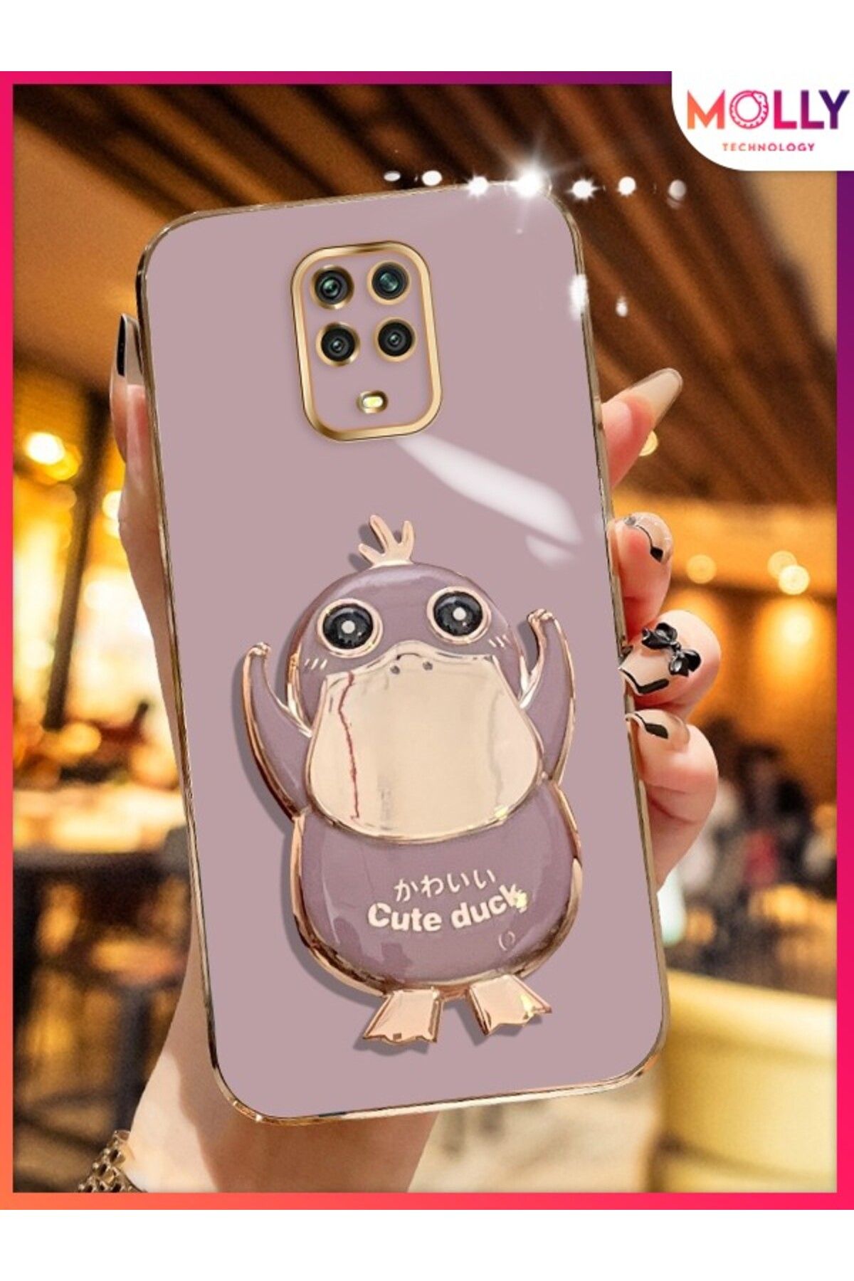 Molly Xiaomi Redmi NOTE 9 PRO İçin Lila Sevimli Ördek Standlı Kenarları Gold Detaylı Lüks Silikon Kılıf
