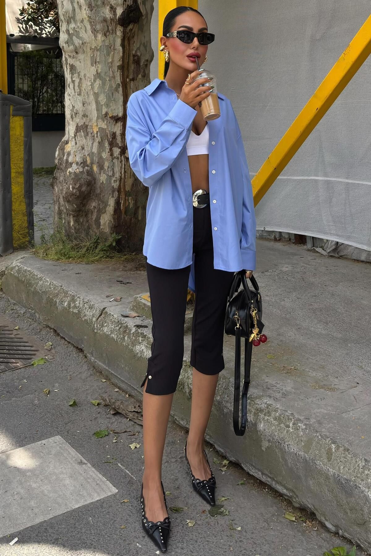 WeShaya Kadın Mavi Oversize Poplin Uzun Kol Gömlek