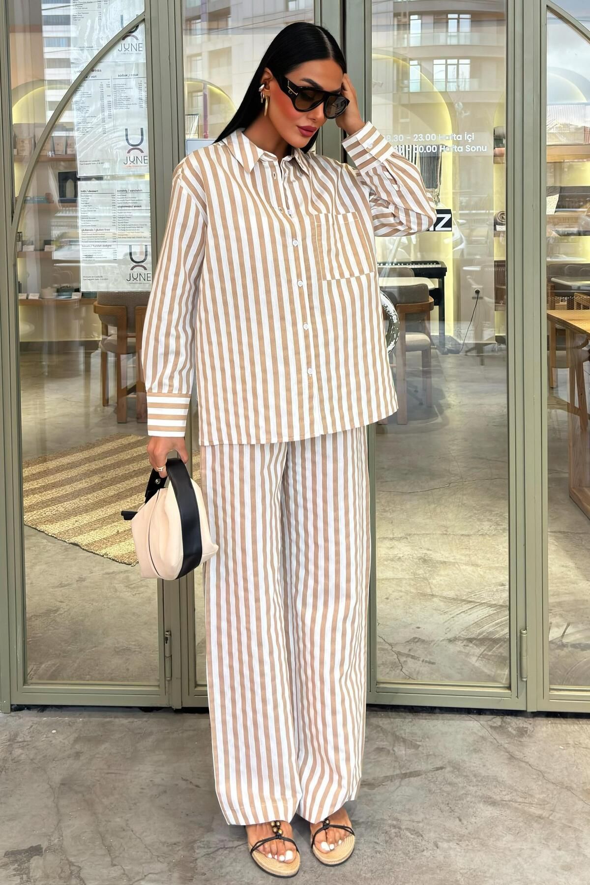 WeShaya Kadın Vizon Çizgili Oversize Wual Gömlek Yaka Takım