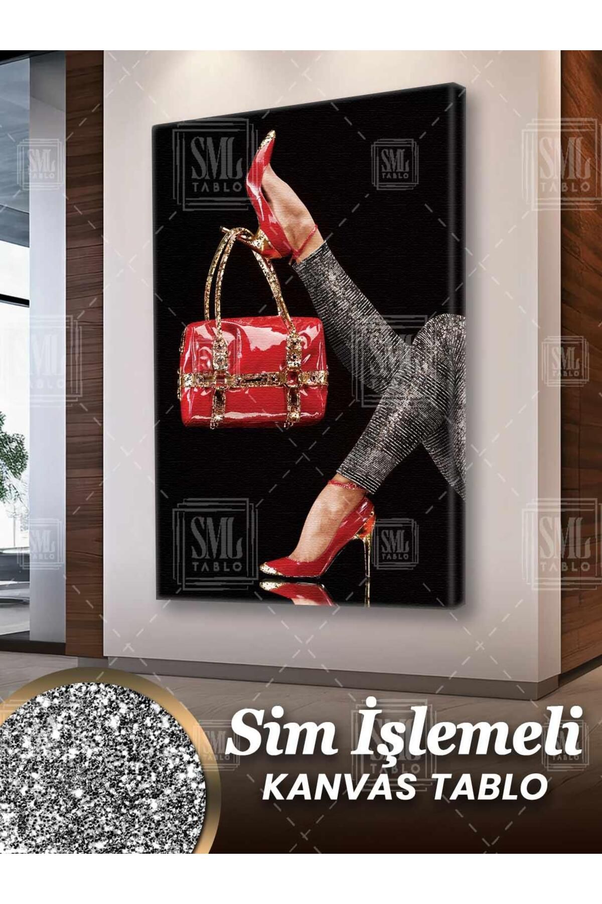 SML TABLO Simli Kırmızı Ayakkabılı Pırıltılı Çantalı Kadın Woman Modern Sim İşlemeli Dikey Kanvas Tablo