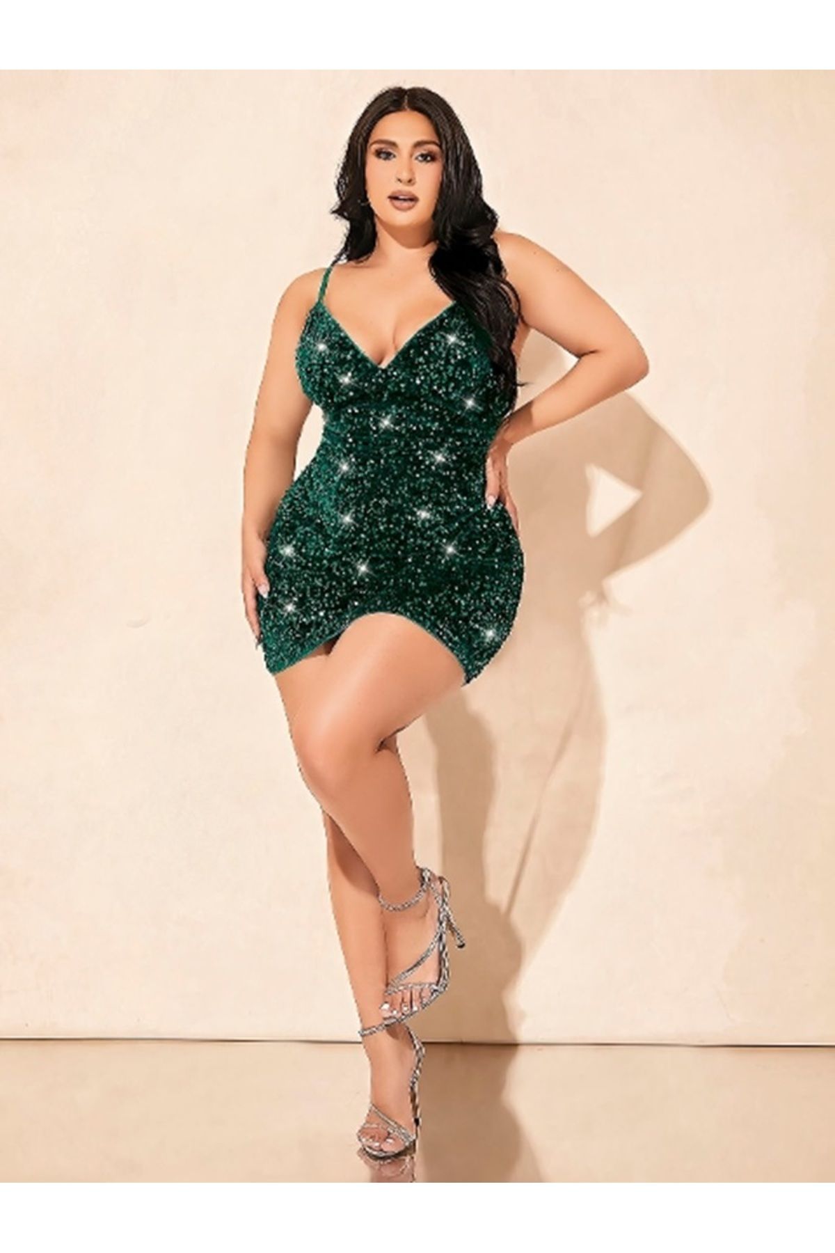 AŞK FANTAZİ Simli Askılı Yeşil Seksi Mini Büyük Beden Kulüp Elbise