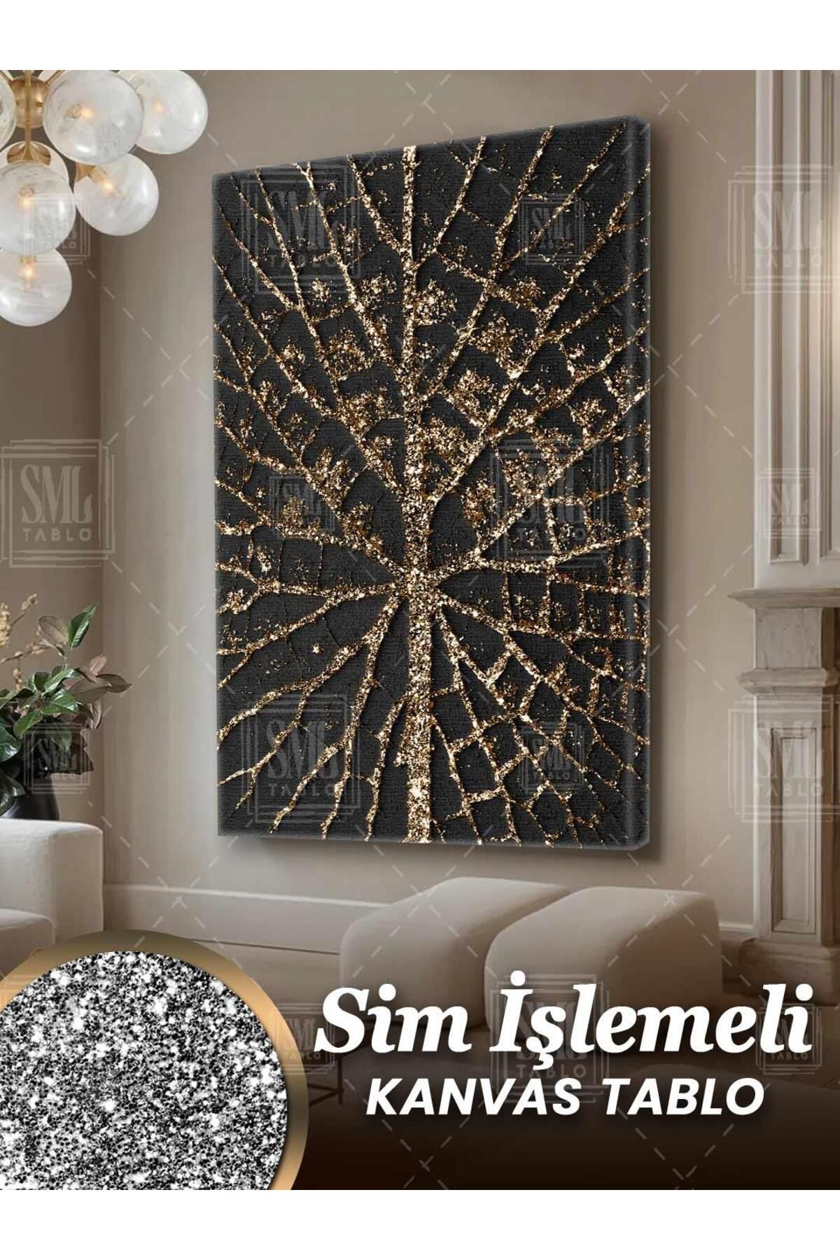 SML TABLO Simli Altın Ağaç Dalı Modern Gold Pırıltılı Siyah Hayat Ağacı Sim İşlemeli Dikey Kanvas Tablo