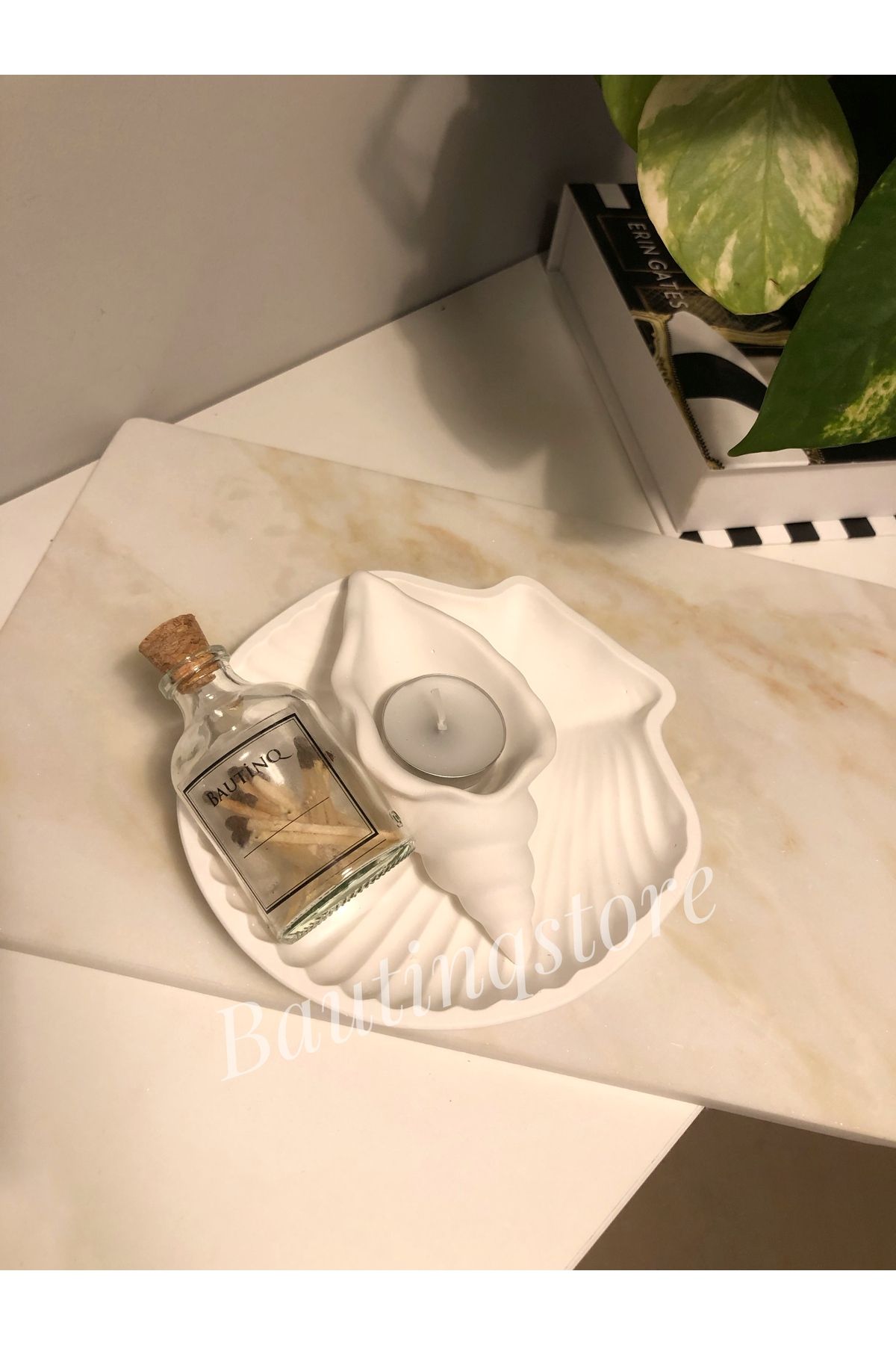 Bautinq Store Dekoratif el yapımı istiridye kase ve mumluk fanuslu kibrit set beton obje
