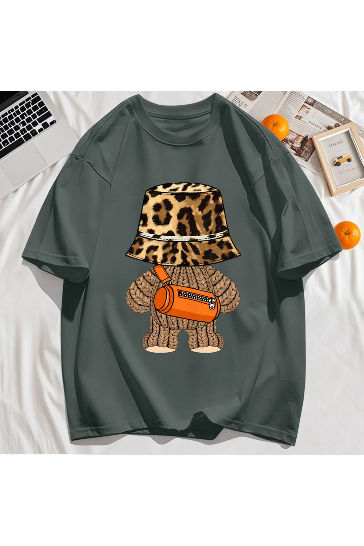 StartMore Y2k Vintage Tişört Tee Ayı Leopar Baskı Şapka Baskı