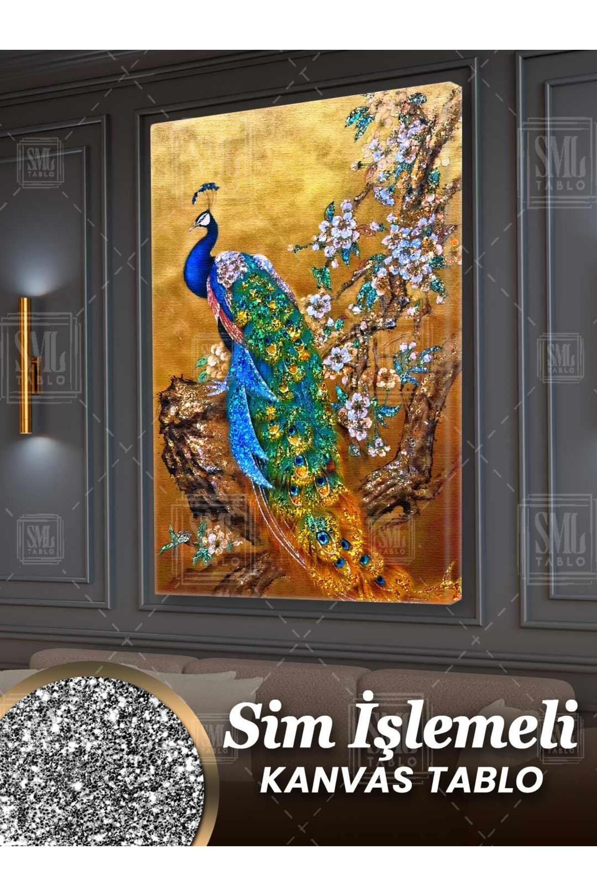 SML TABLO Simli Dalda Oturan Pırıltılı Mavi Tavus Kuşu Gold Sim İşlemeli Dikey Kanvas Tablo