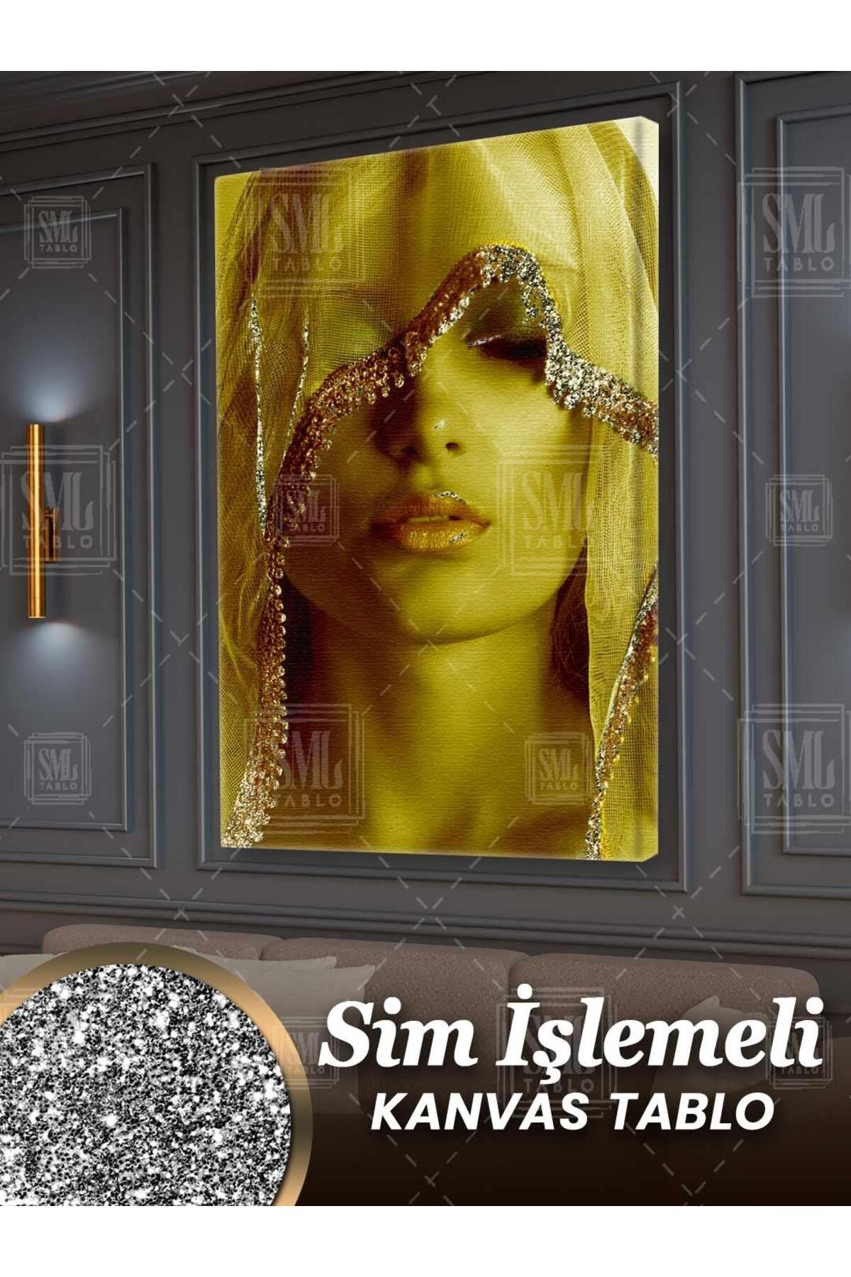 SML TABLO Simli Altın Eşarplı Kadın Pırıltılı Model Sim İşlemeli Dikey Kanvas Tablo