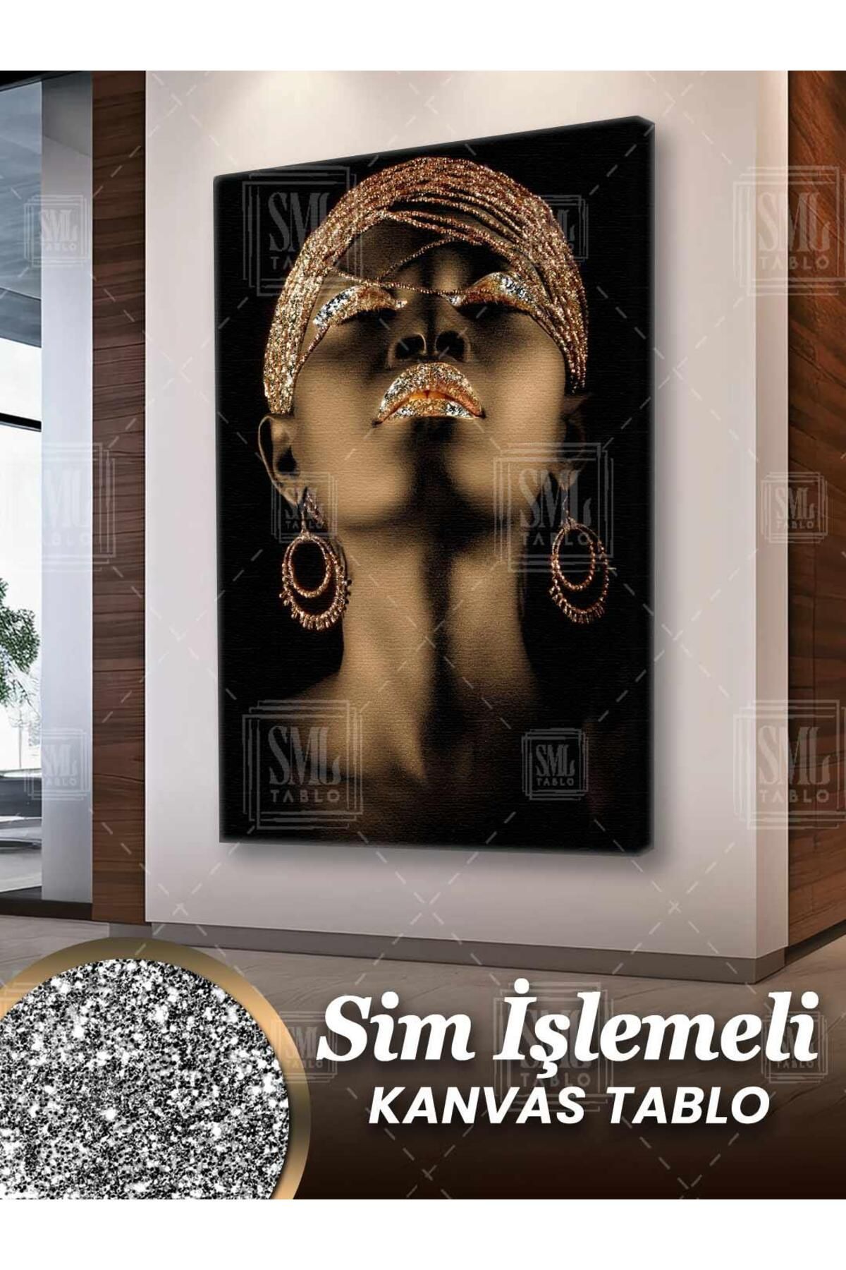 SML TABLO Simli Afrikalı Kadın Pırıltılı Portre Gold African Woman Sim İşlemeli Dikey Kanvas Tablo