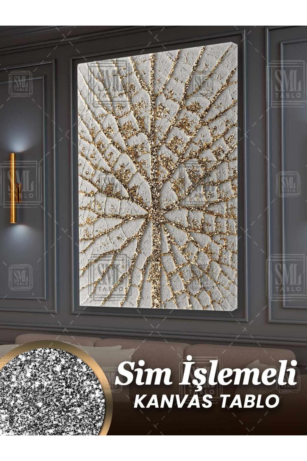 SML TABLO Simli Altın Ağaç Yaprak Pırıltılı Dekoratif Gold Beyaz Hayat Ağacı Sim İşlemeli Dikey Kanvas Tablo