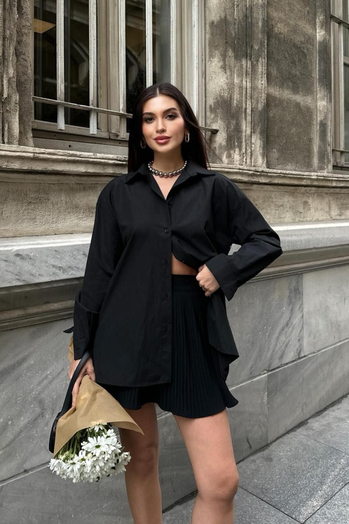WeShaya Kadın Siyah Dantel Poplin Oversize Gömlek