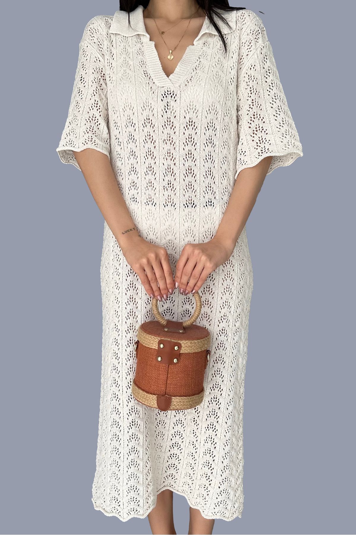 Caddebostan Moda V Yaka Delik İşi Örme Yazlık %100 Pamuk Kadın Plaj Deniz Triko Elbise
