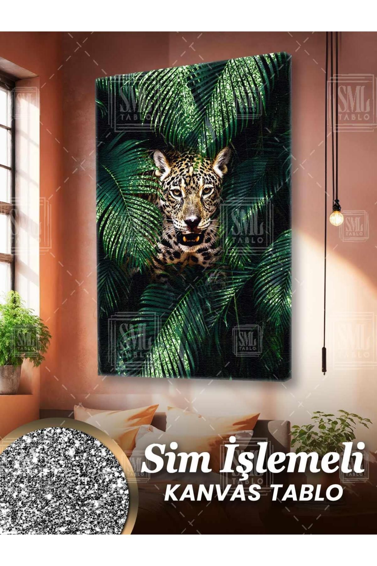 SML TABLO Simli Leopar Doğa Orman Pırıltılı Orman Yeşillik Manzara Sim İşlemeli Dikey Kanvas Tablo