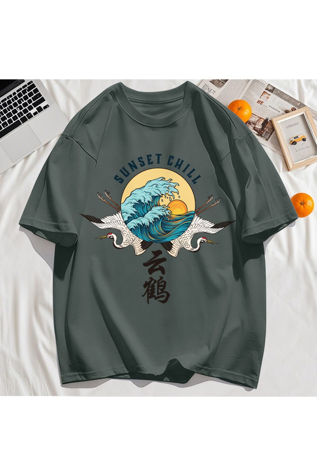 StartMore Y2k Vintage Tişört Tee Günbatımı Chill Bulut Vinçler Ve Dalgalar Baskı