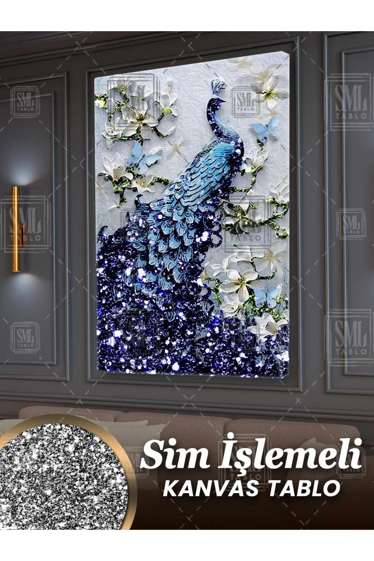 SML TABLO Simli Zarif Mavi Tavus Kuşu ve Beyaz Pırıltılı Çiçekler Sim İşlemeli Dikey Kanvas Tablo