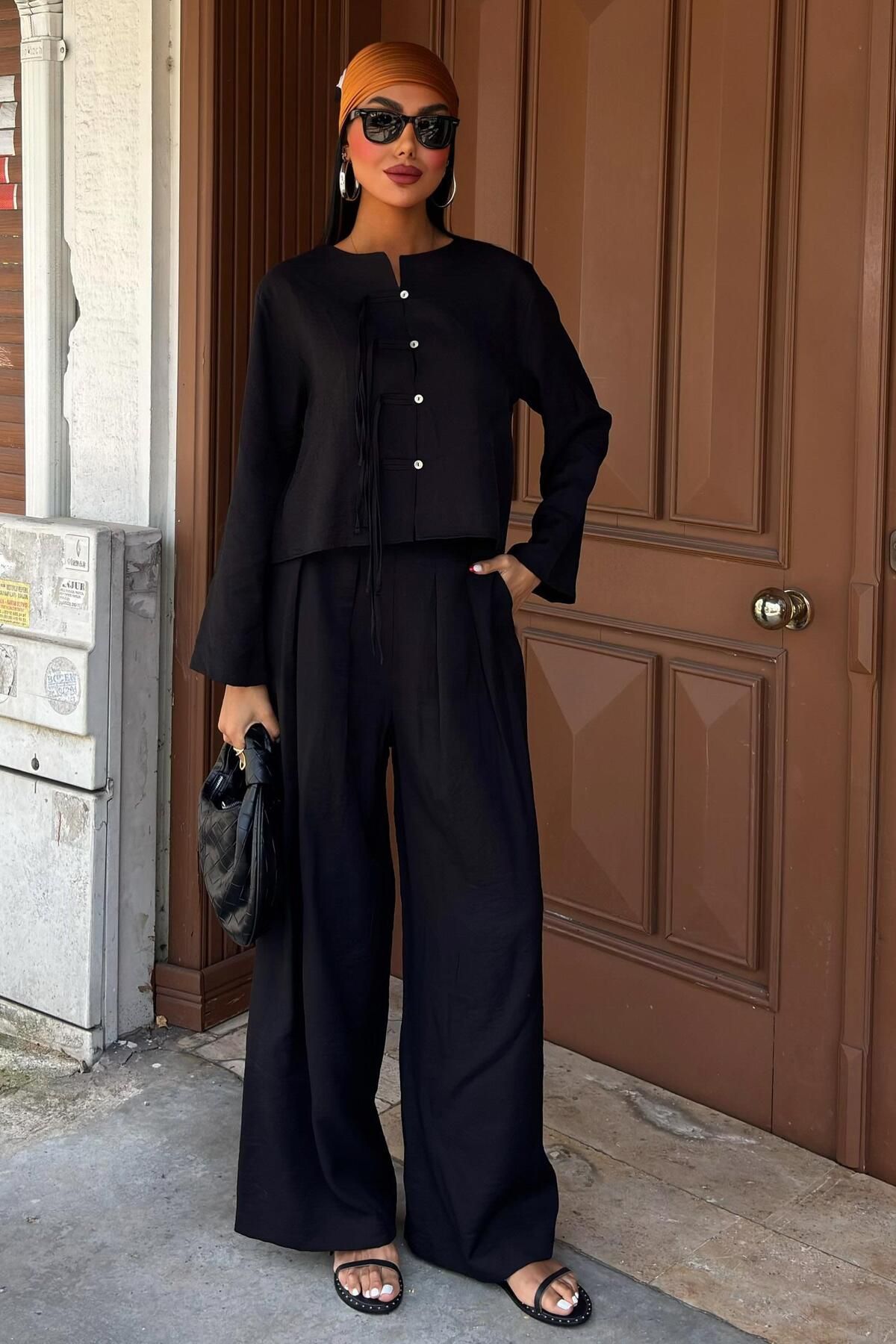 WeShaya Kadın Siyah Keten Oversize İkili Takım